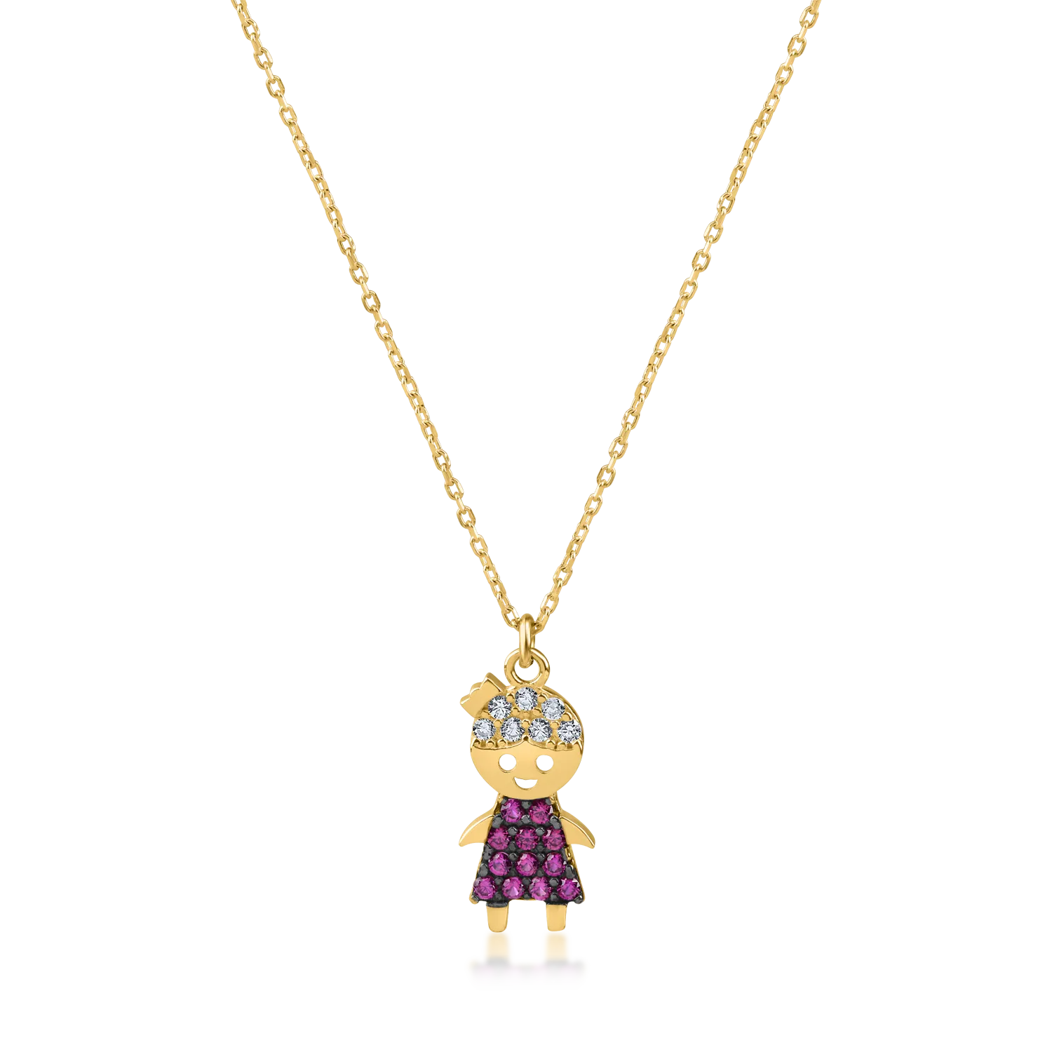 Yellow gold child pendant necklace with pink and white zirconia