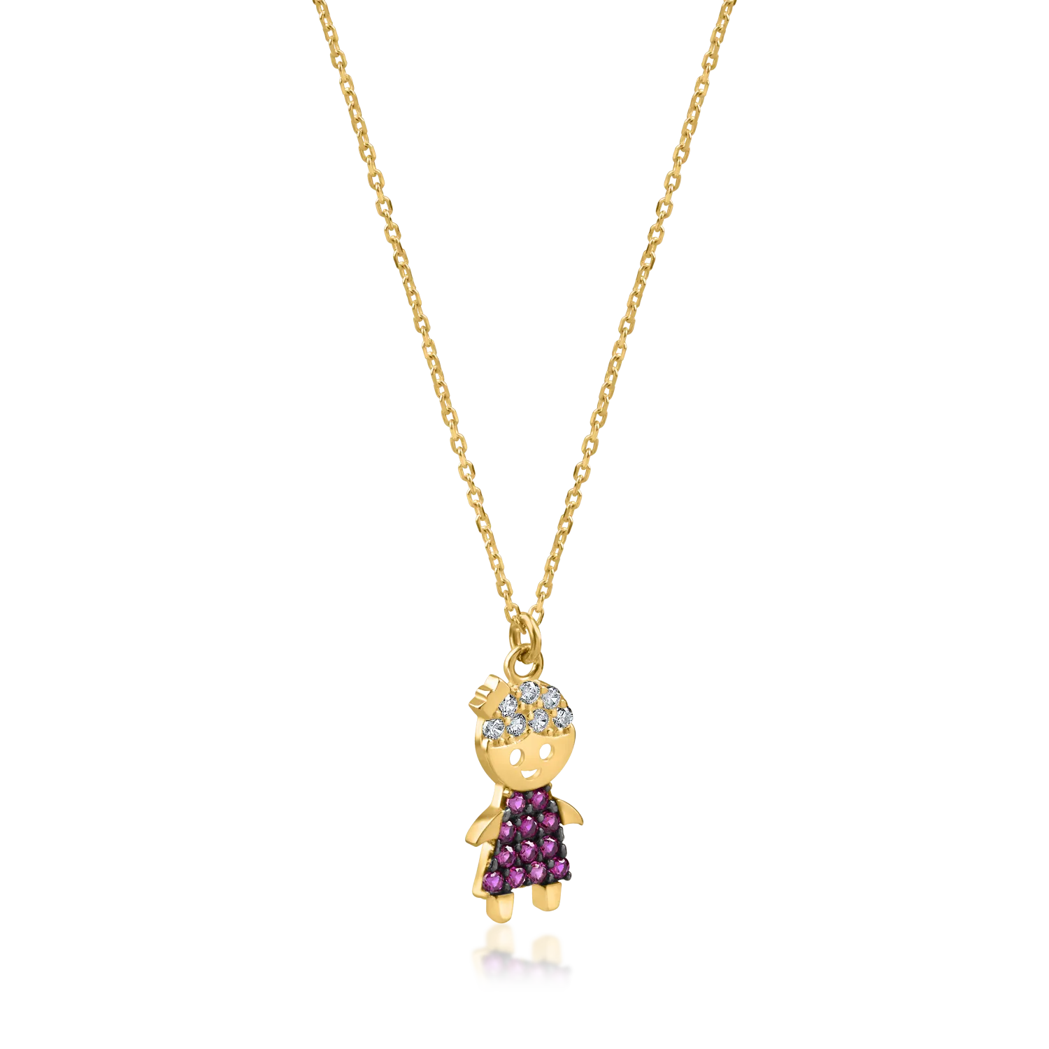 Yellow gold child pendant necklace with pink and white zirconia