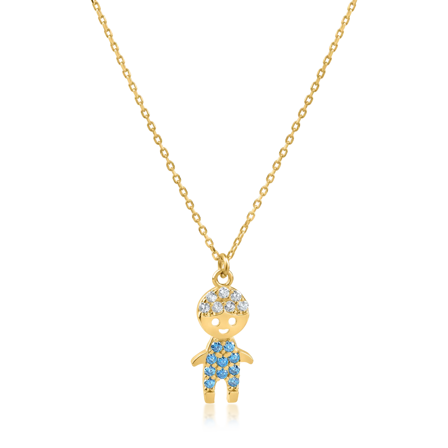 Yellow gold child pendant necklace with blue and white zirconia