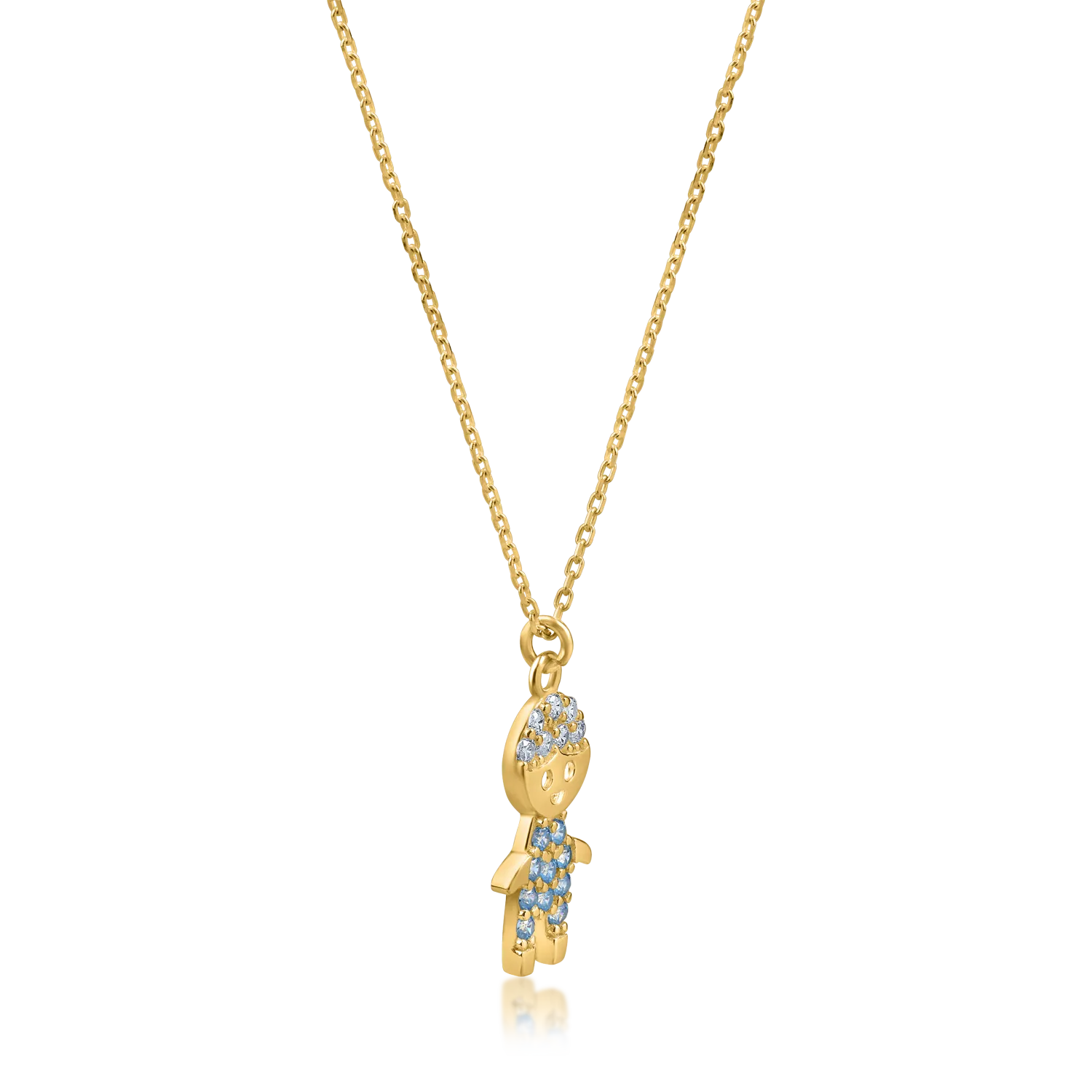 Yellow gold child pendant necklace with blue and white zirconia