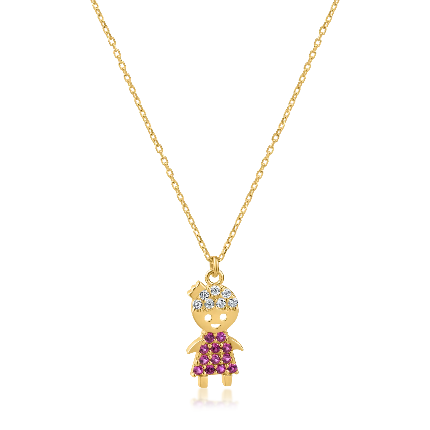 Yellow gold child pendant necklace with pink and white zirconia