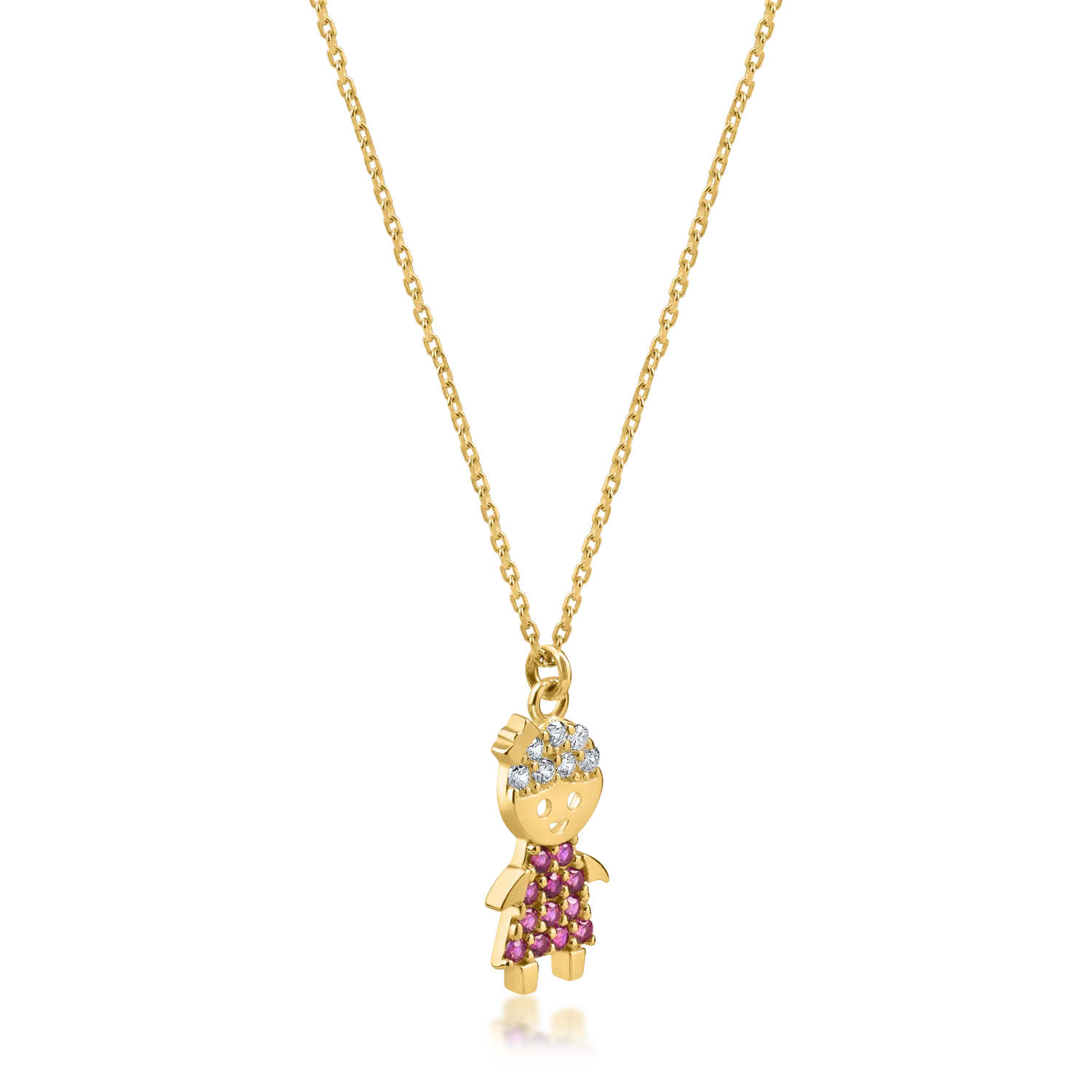 Yellow gold child pendant necklace with pink and white zirconia