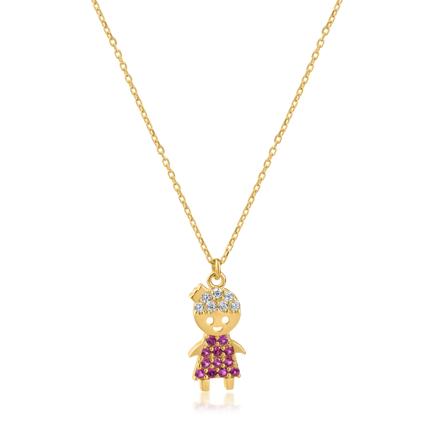 Yellow gold child pendant necklace with pink and white zirconia-179214