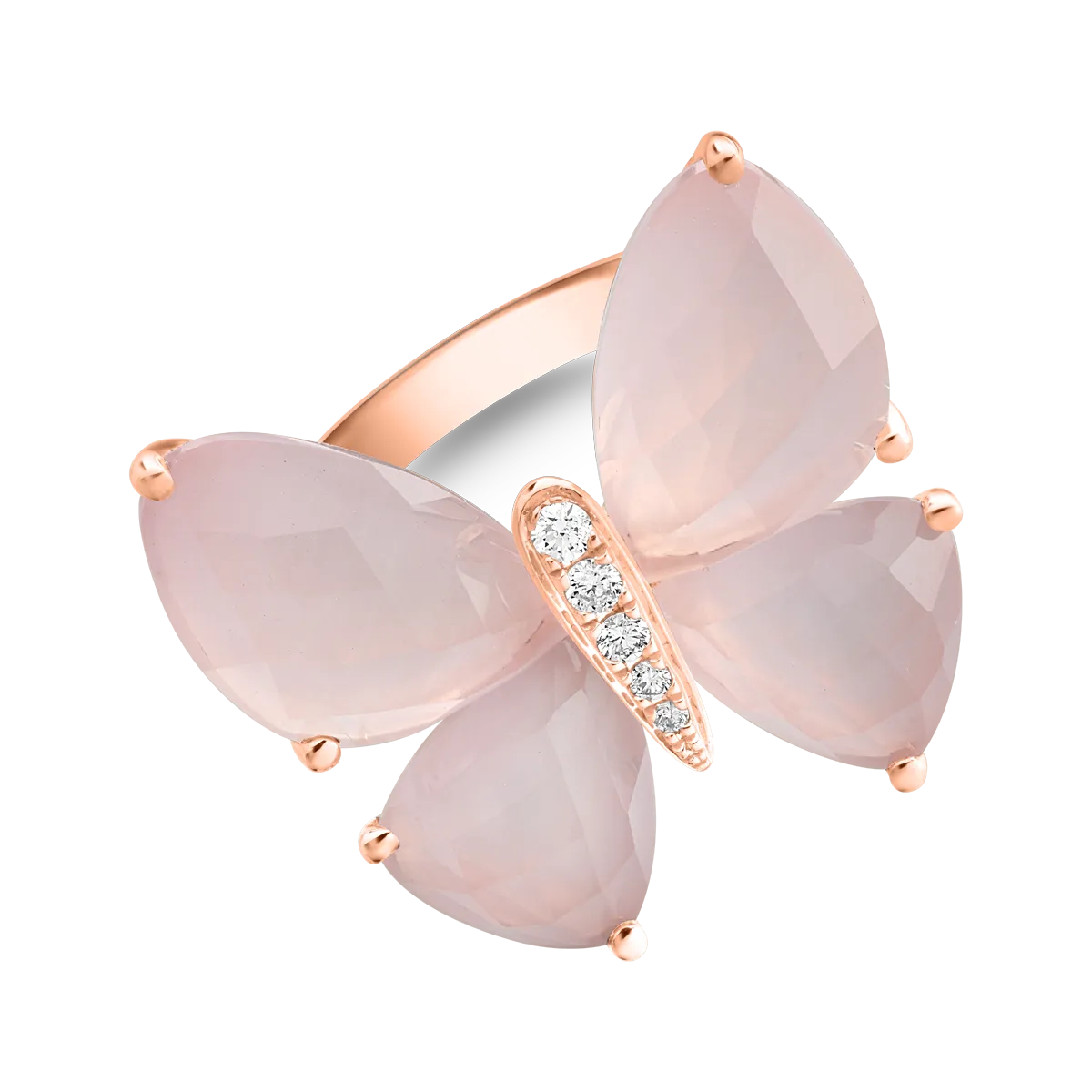 Rose gold butterfly ring with 13.4ct rose quartz and 0.07ct diamonds