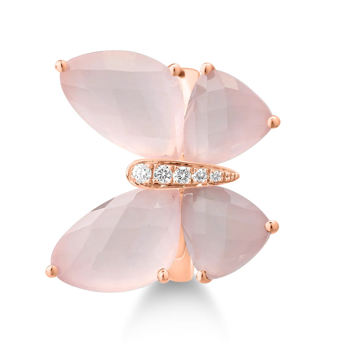 Rose gold butterfly ring with 13.4ct rose quartz and 0.07ct diamonds