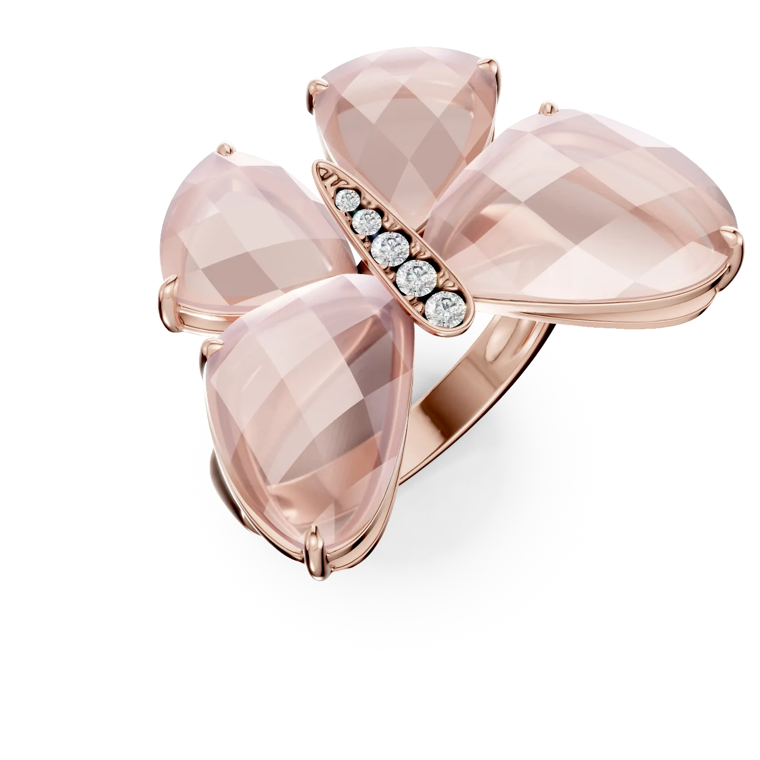 Pierścionek motyl z różowego złota z 13.4ct kwarcem różowym i diamentami o masie 0.07ct