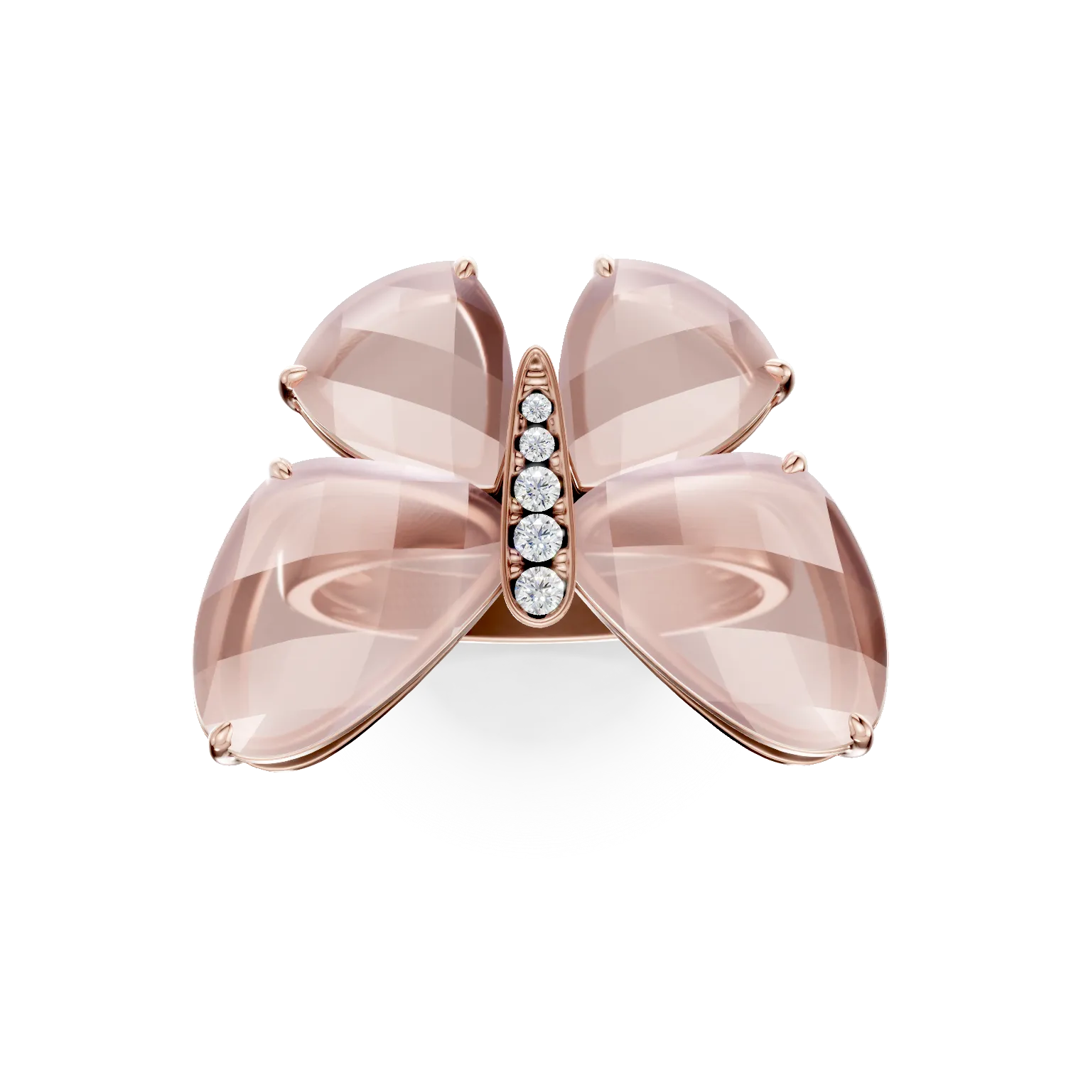 Inel fluture din aur roz cu quartz trandafiriu de 13.4ct si diamante de 0.07ct