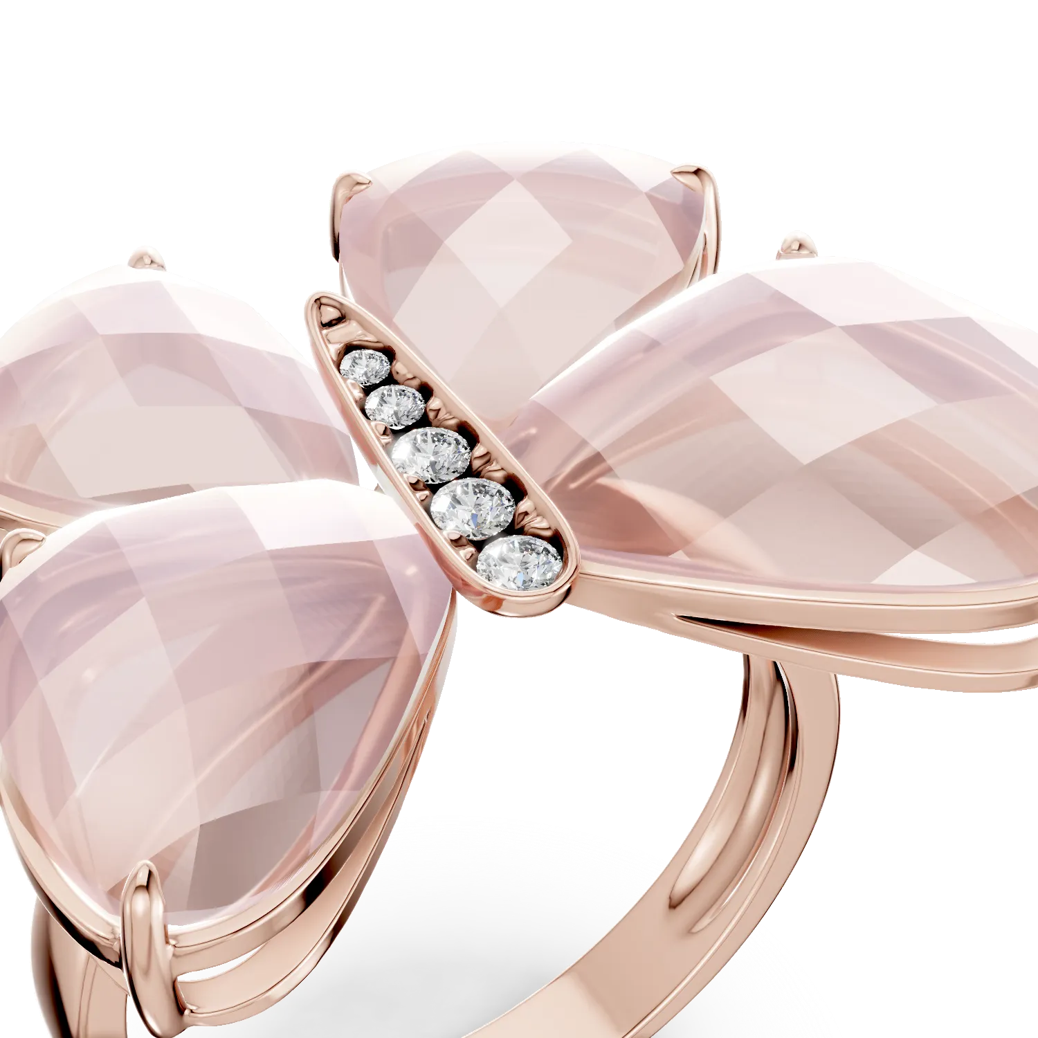 Inel fluture din aur roz cu quartz trandafiriu de 13.4ct si diamante de 0.07ct