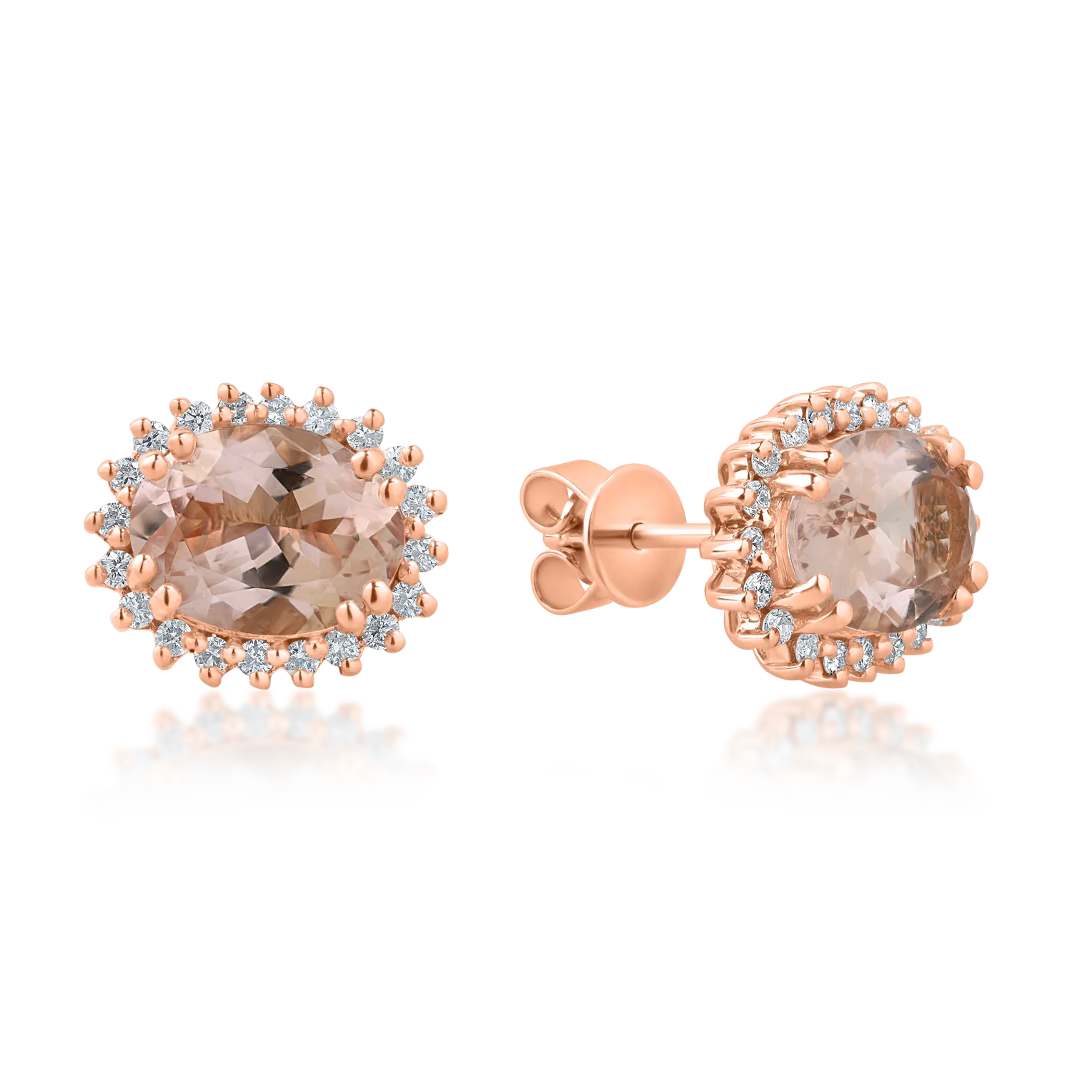 Cercei ovali din aur roz cu morganite de 2.8ct si diamante de 0.3ct