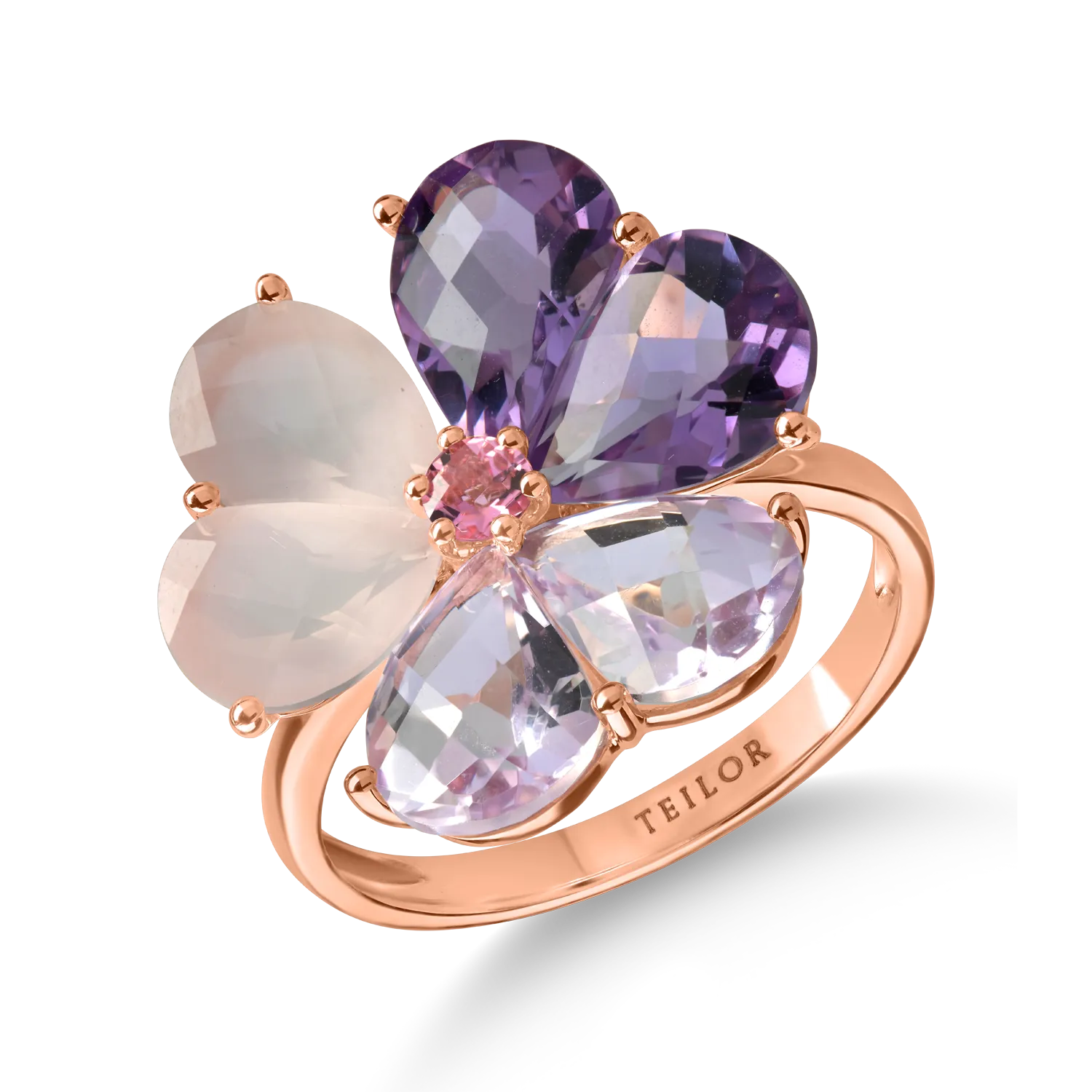 Rose gold flower ring with 7.2ct semi-precious stones