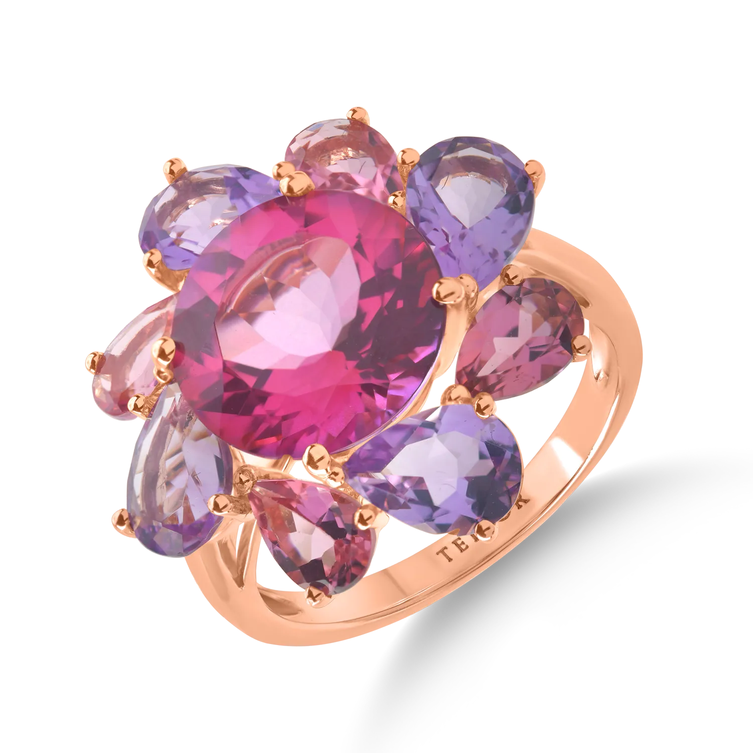 Rose gold flower ring with 10.7ct semi-precious stones