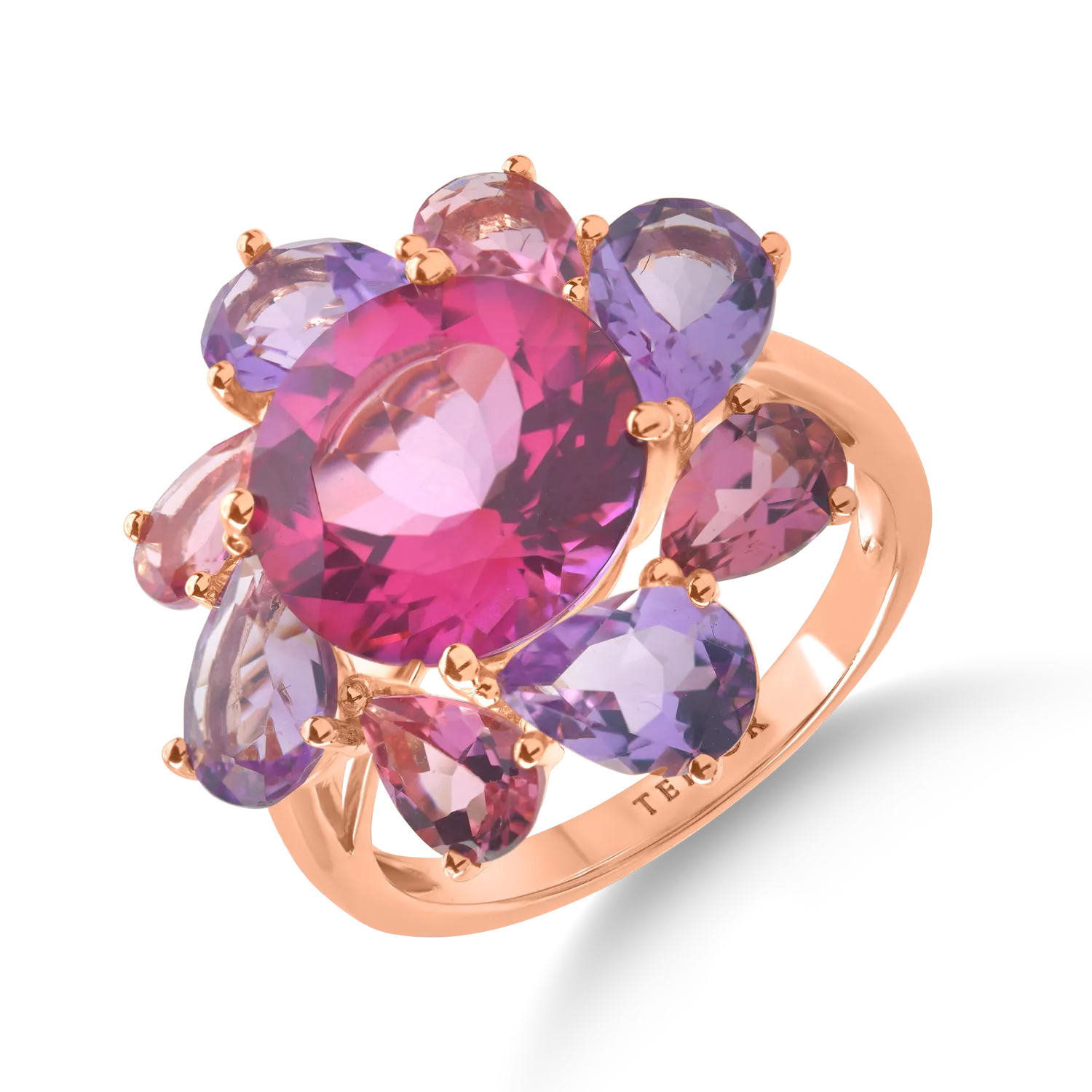 Teilor Inel floare din aur roz cu pietre semipretioase de 10.7ct