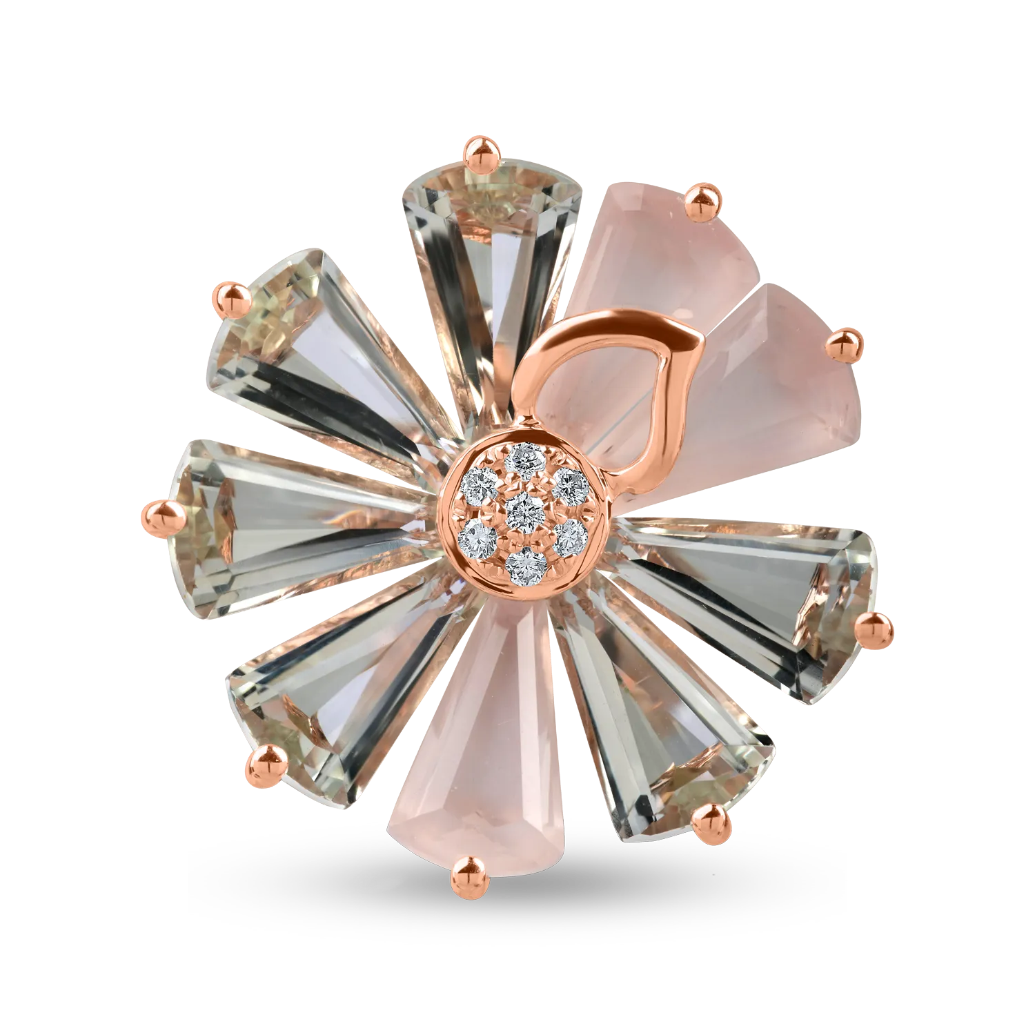 Rózsarany virággyűrű 6.5ct drágakövekkel és féldrágakövekkel