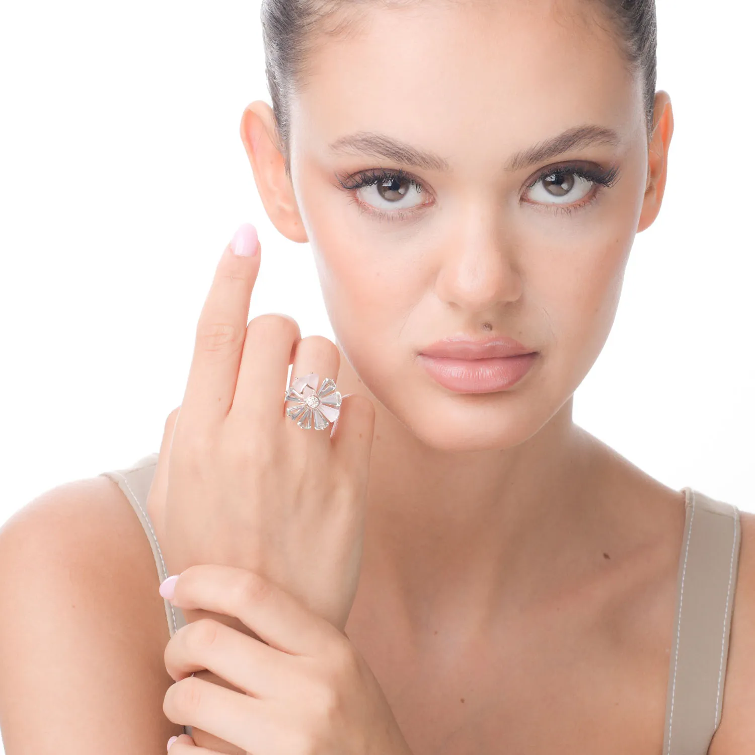 Rózsarany virággyűrű 6.5ct drágakövekkel és féldrágakövekkel