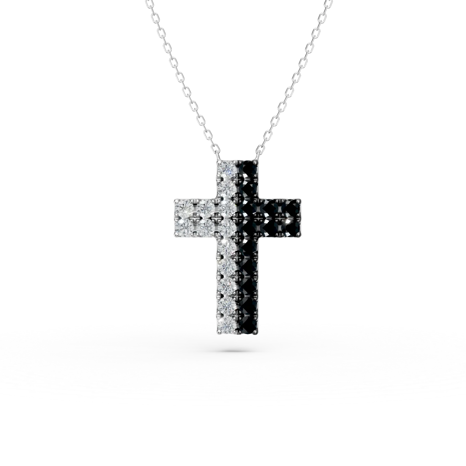 Lant cu pandantiv cruce din aur alb cu diamante incolore si negre de 0.4ct