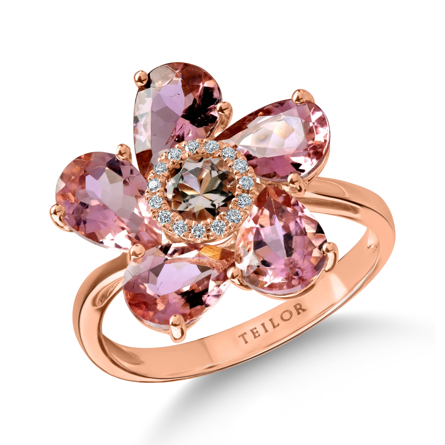 Rose gold flower ring with 3.9ct precious and semi-precious stones