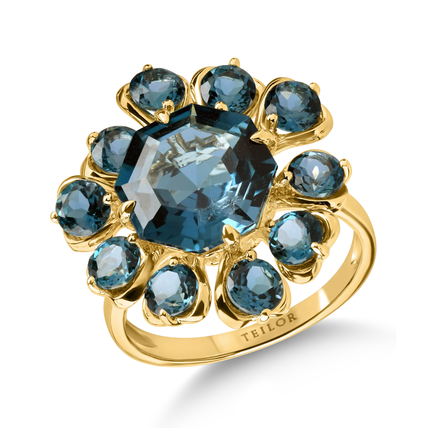 Yellow gold ring with 9.2ct london blue topazes