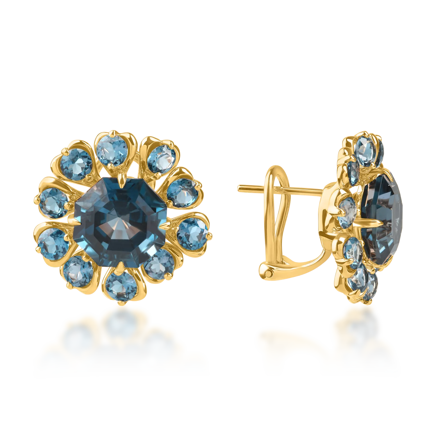 Yellow gold earrings with 13.6ct london blue topazes