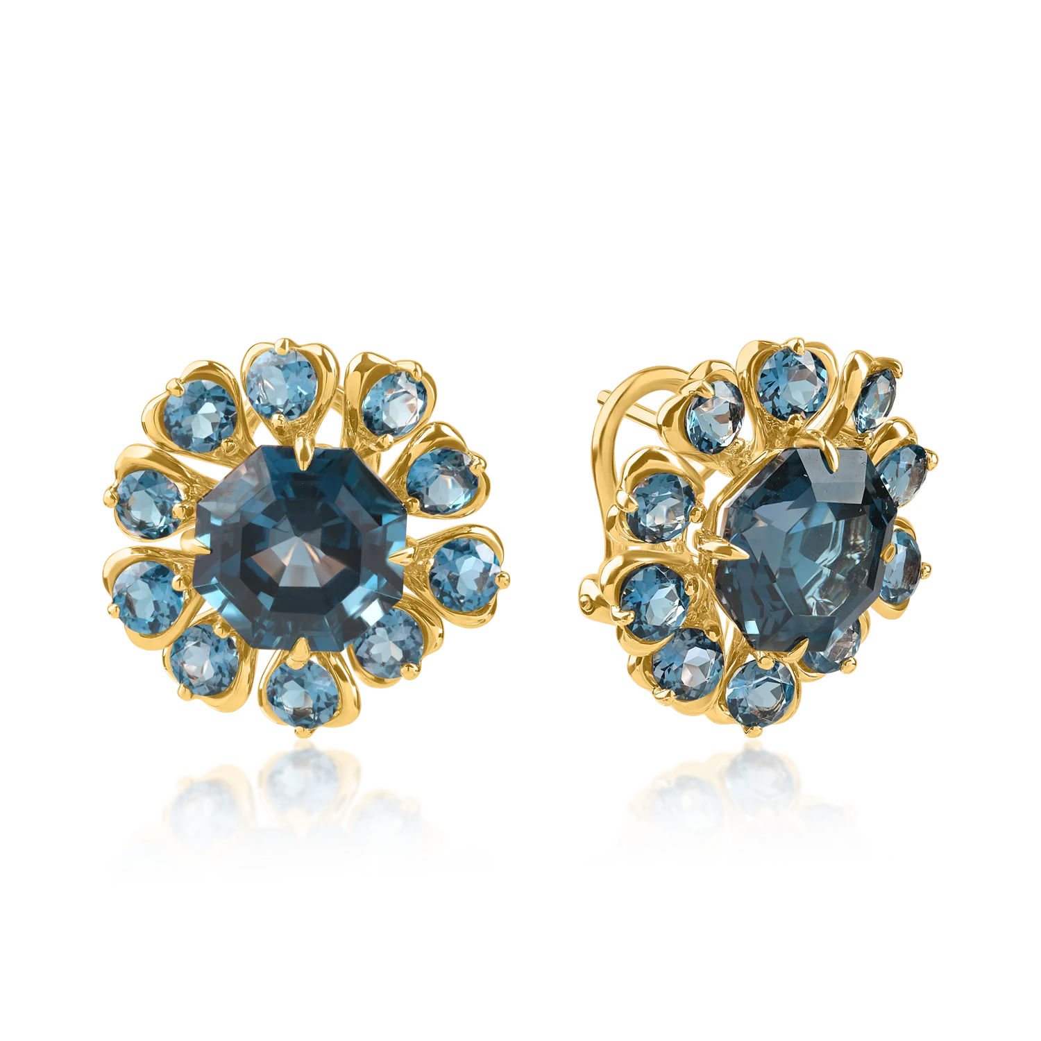 Teilor Cercei florali din aur galben cu topaze london blue octogonale si rotunde de 13.6ct