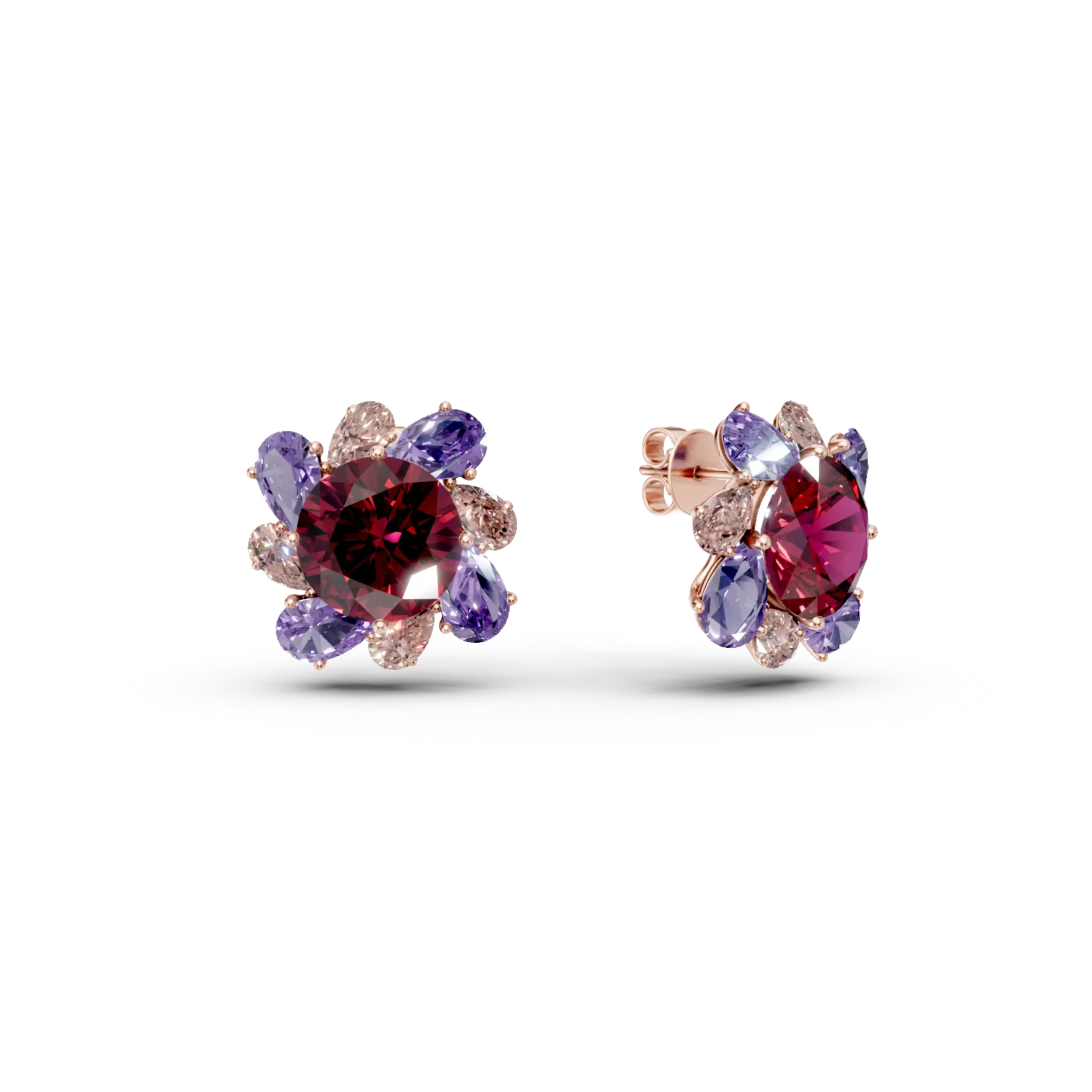 Cercei floare din aur roz cu pietre pretioase si semipretioase de 13.8ct