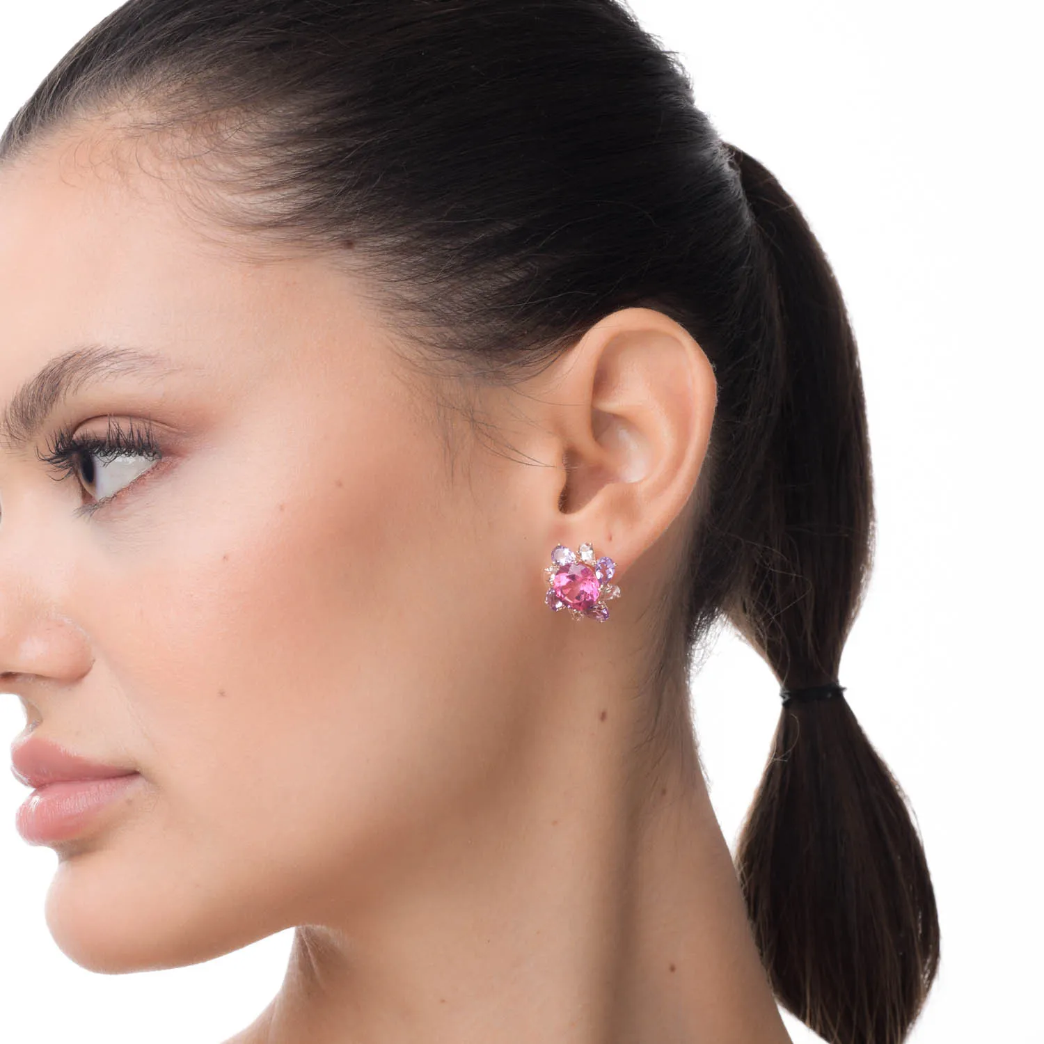 Cercei floare din aur roz cu pietre pretioase si semipretioase de 13.8ct