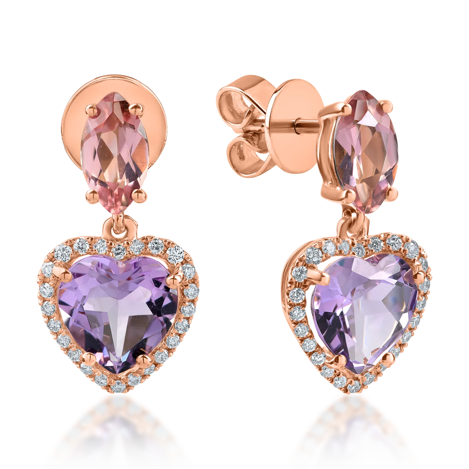 Rose gold heart earrings with 3.4ct precious and semi-precious stones