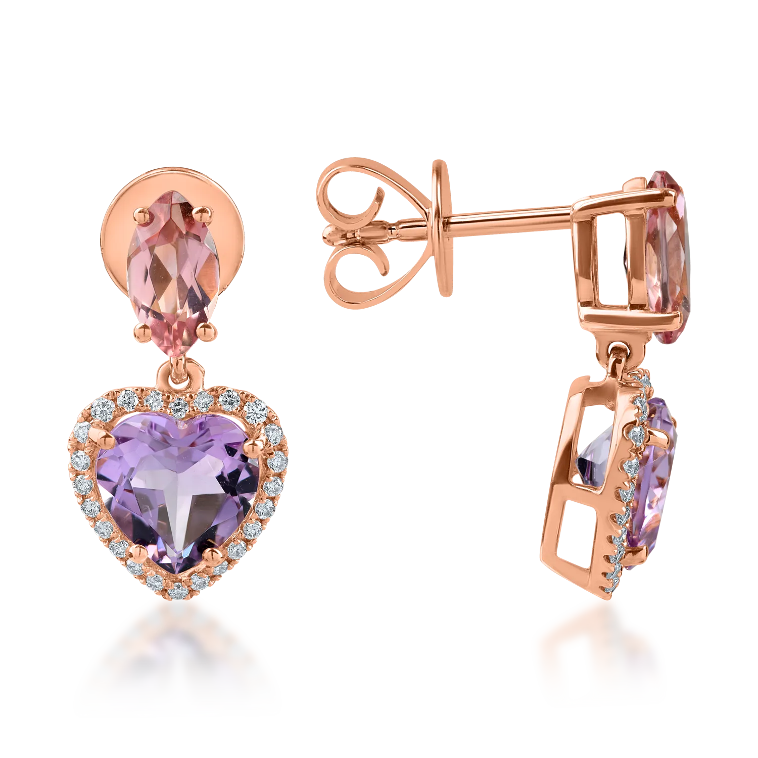 Rose gold heart earrings with 3.4ct precious and semi-precious stones