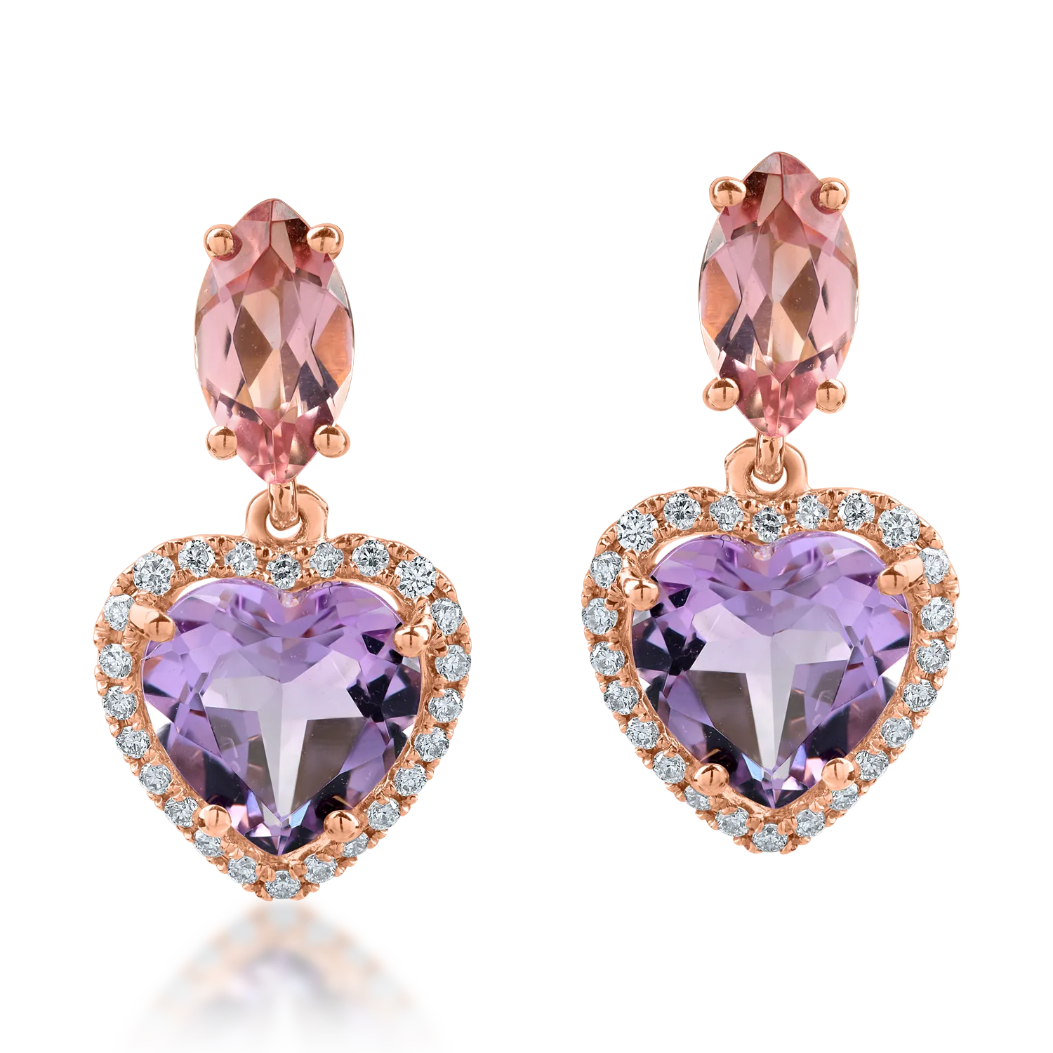 Teilor Cercei cu inimioare din aur roz cu pietre pretioase si semipretioase de 3.4ct