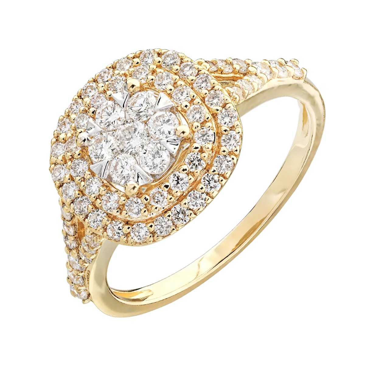 Sárga arany gyűrű. 0.7ct mikrore keményedő gyémántokkal