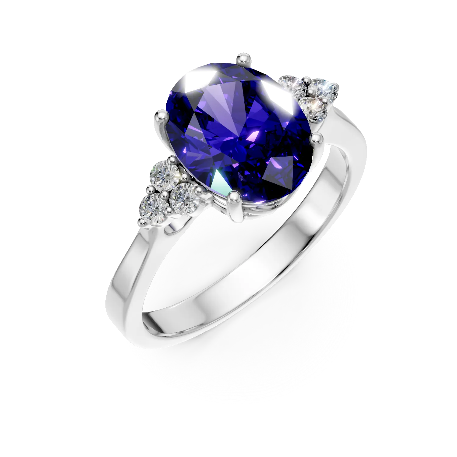 Inel din aur alb cu tanzanit oval de 3.4ct si diamante de 0.1ct