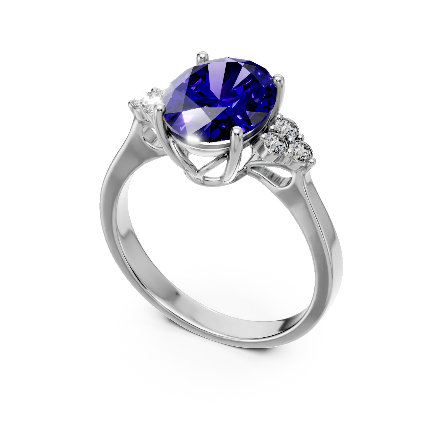 Inel din aur alb cu tanzanit oval de 3.4ct si diamante de 0.1ct