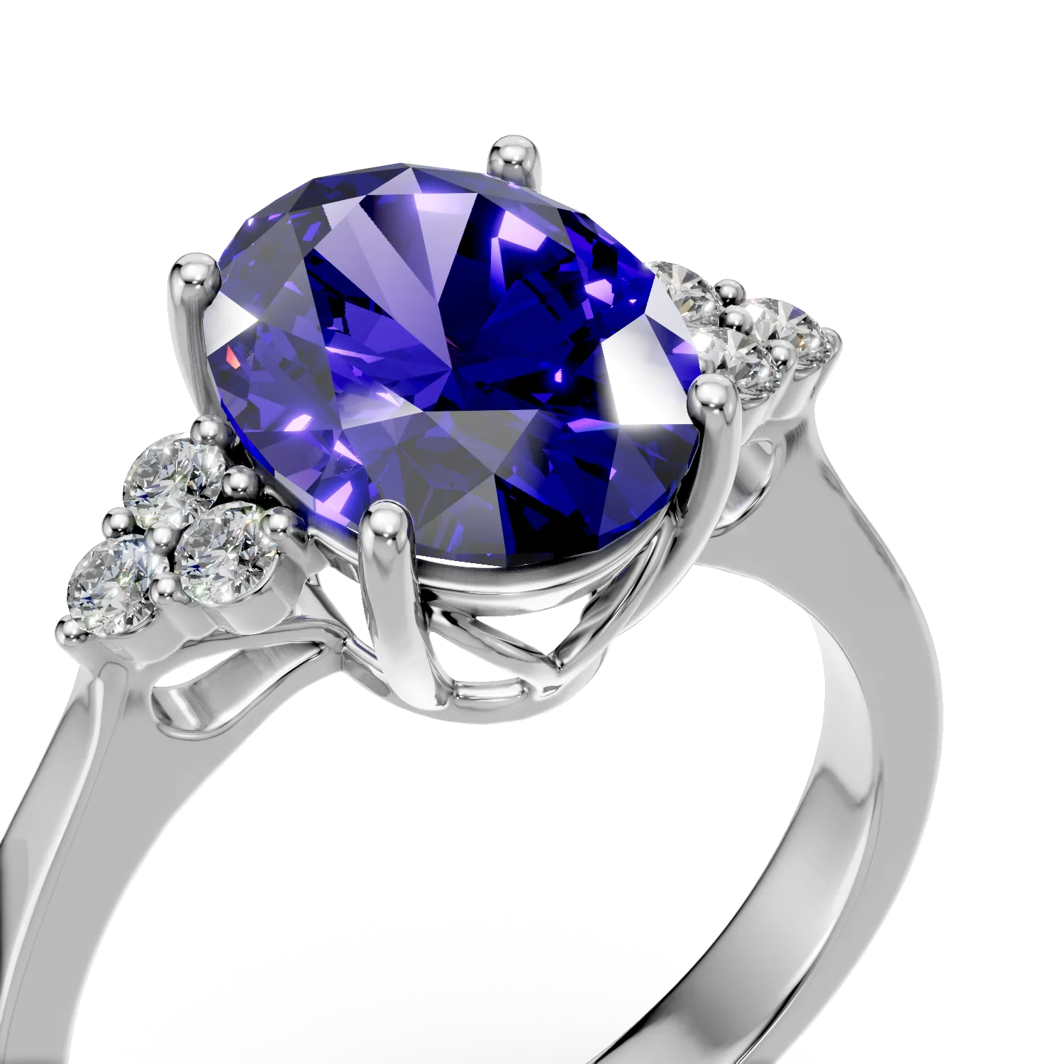 Inel din aur alb cu tanzanit oval de 3.4ct si diamante de 0.1ct