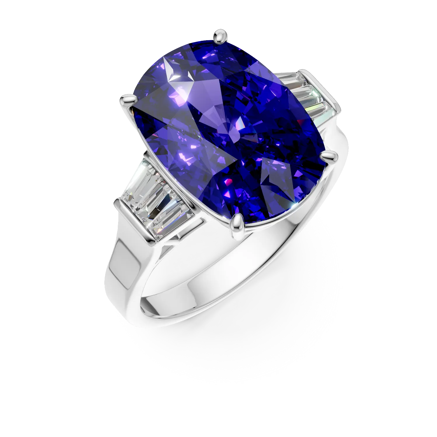 Inel din aur alb cu tanzanit rectangular de 6.7ct si diamante de 0.3ct