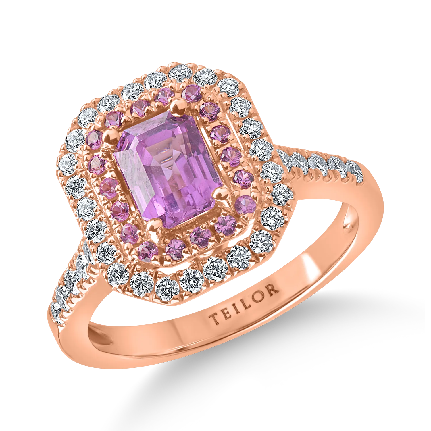 Teilor Inel din aur roz cu safire roz octogonale si rotunde de 1.56ct si diamante de 0.44ct