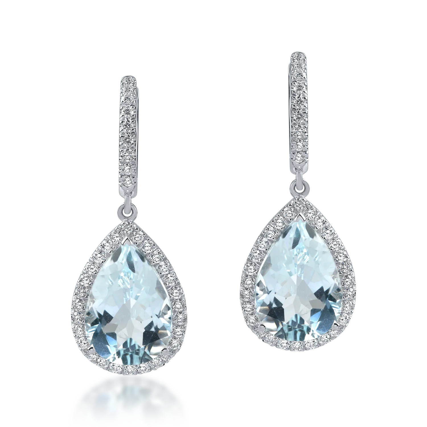Fehér arany könnycsepp fülbevaló 6.7ct akvamarinokkal és 0.6ct gyémántokkal
