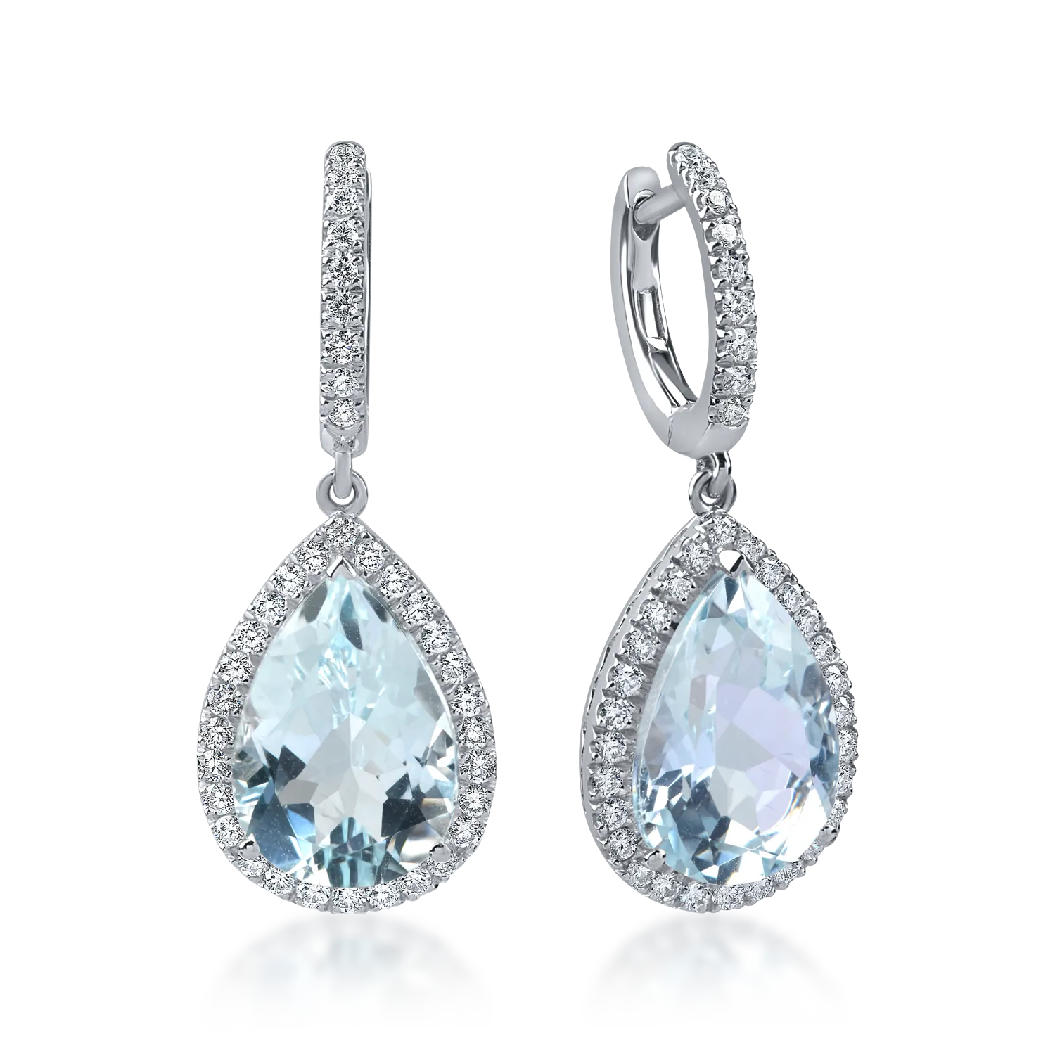 Fehér arany könnycsepp fülbevaló 6.7ct akvamarinokkal és 0.6ct gyémántokkal