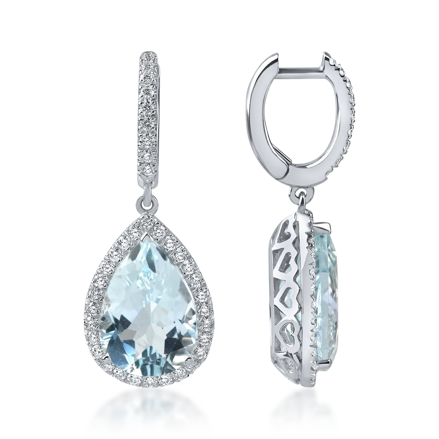 Fehér arany könnycsepp fülbevaló 6.7ct akvamarinokkal és 0.6ct gyémántokkal