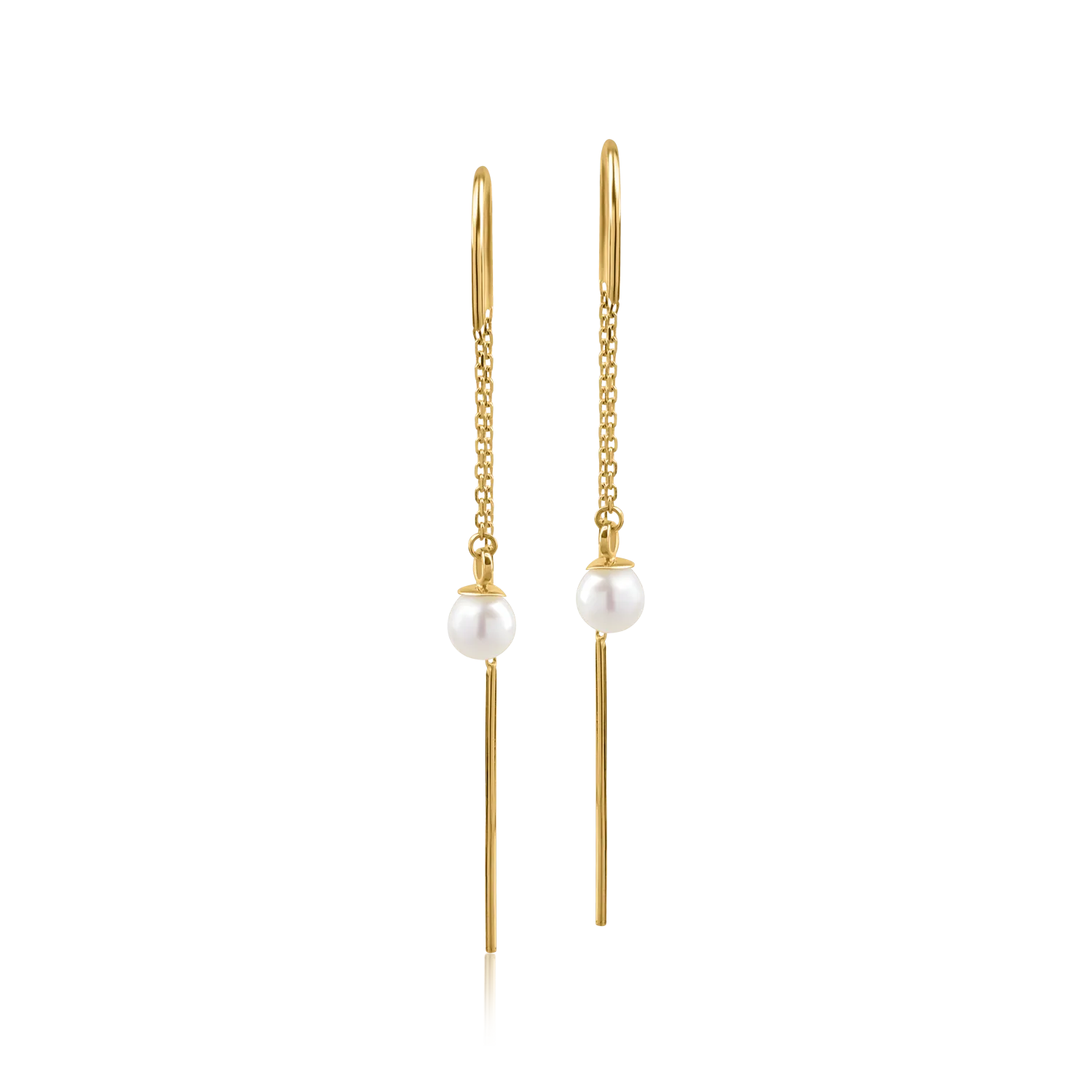 Yellow gold long earrings with synthetic pearls