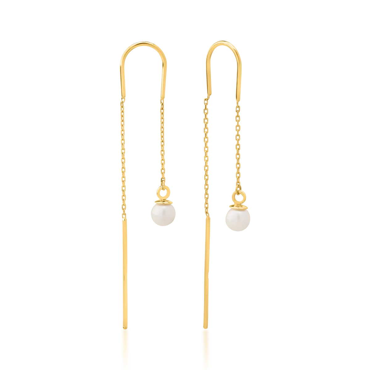 Yellow gold long earrings with synthetic pearls