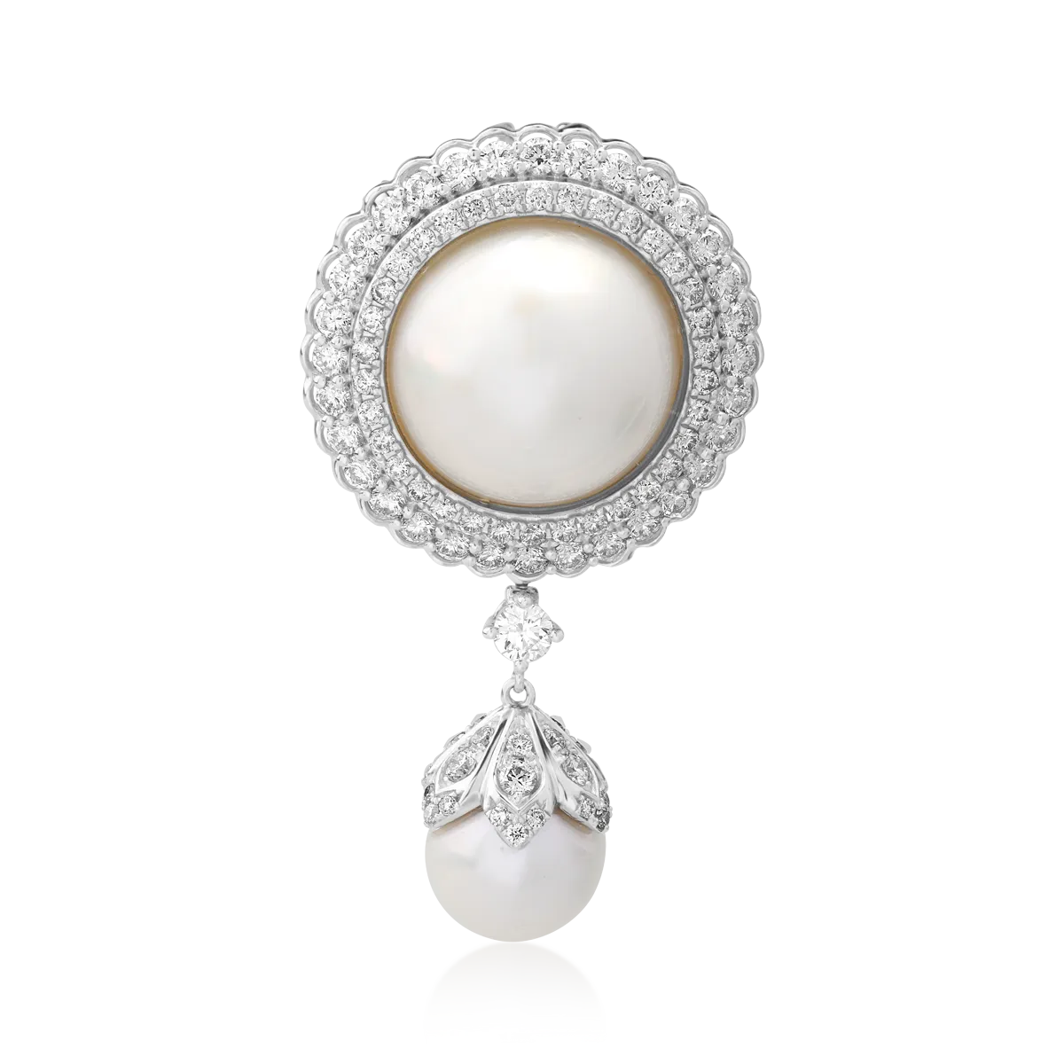 Teilor Brosa din aur alb cu perle de cultura de 17.4ct si diamante de 2.08ct