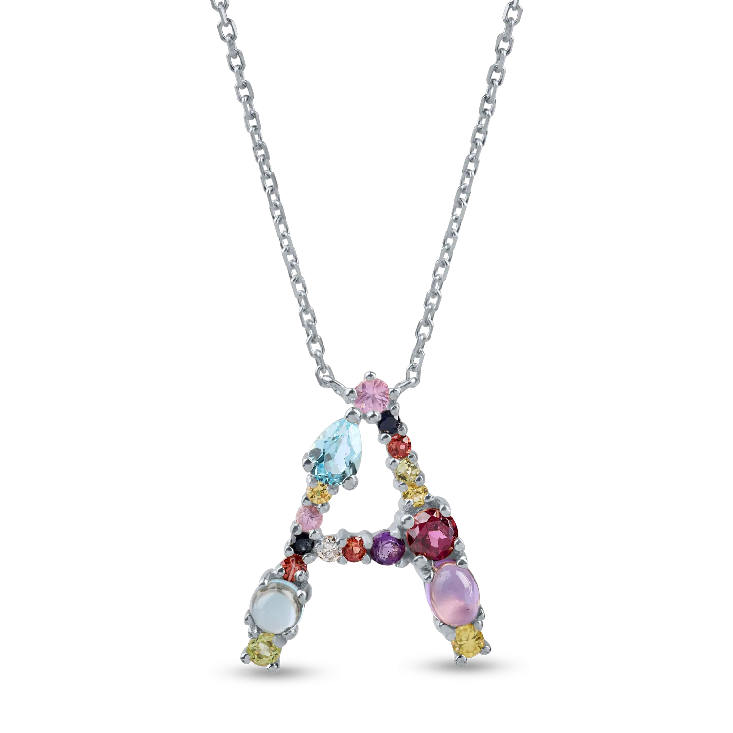 White gold initial letter pendant necklace with 1.1ct precious and semi-precious stones