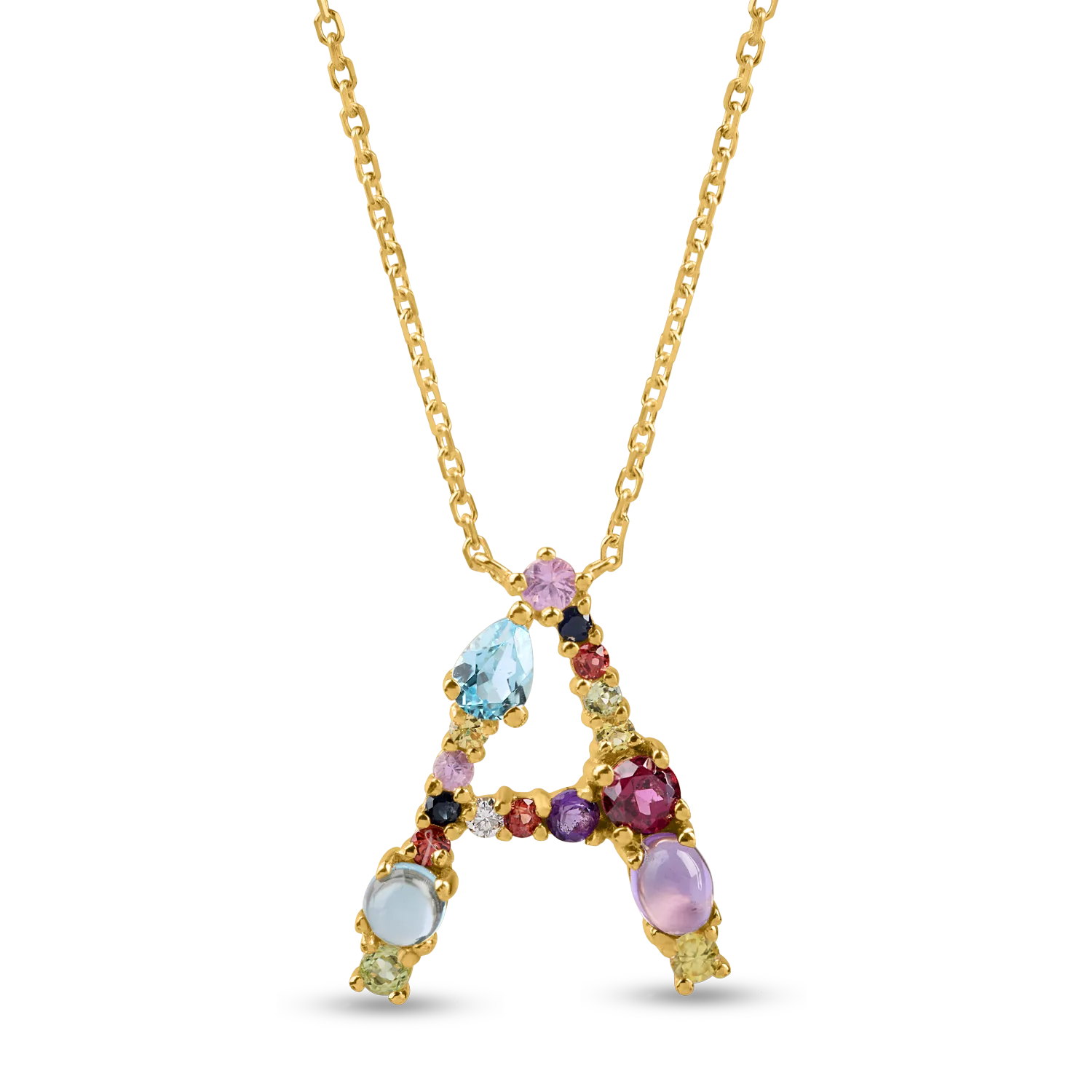 Yellow gold initial letter pendant necklace with 1.1ct precious and semi-precious stones