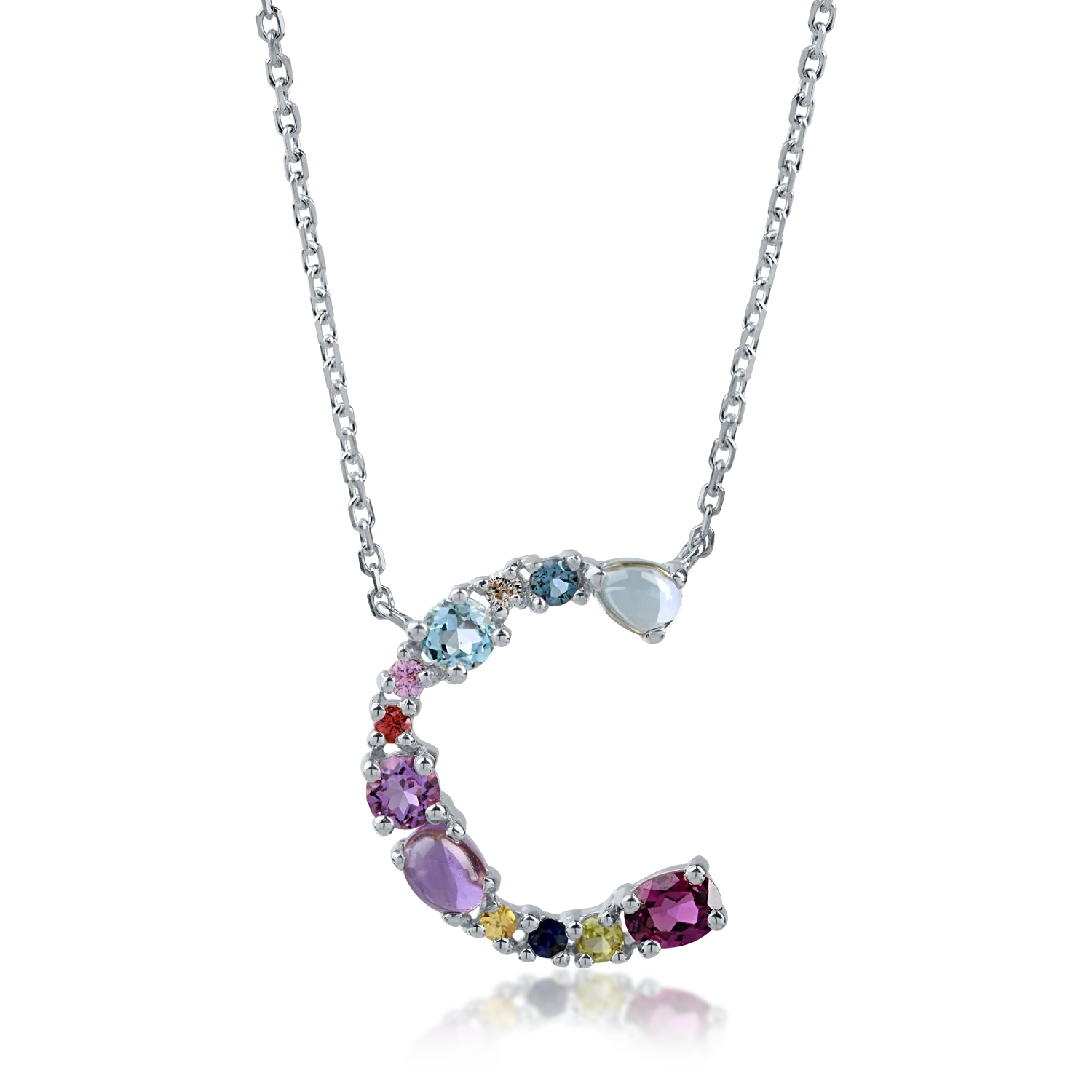 White gold initial letter pendant necklace with 0.9ct precious and semi-precious stones