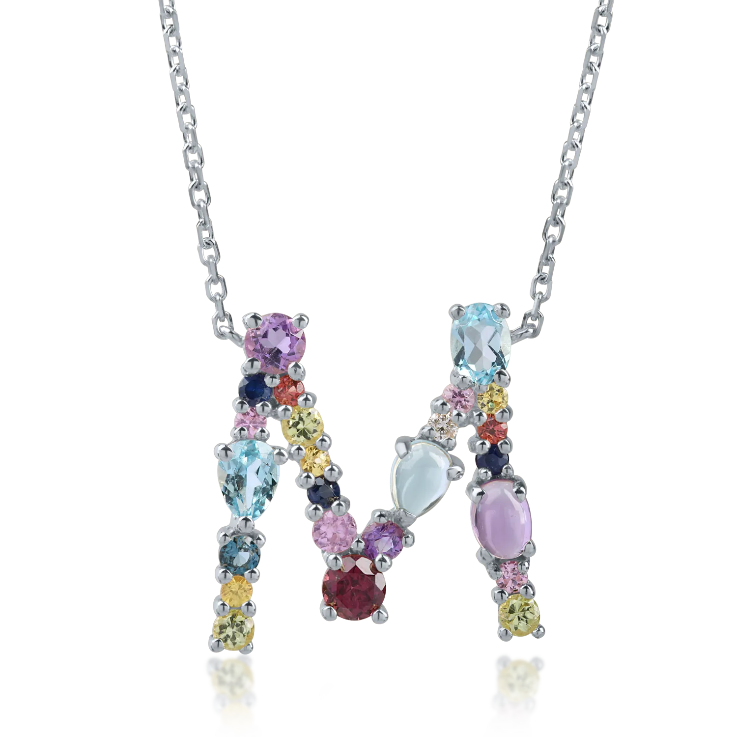 White gold initial letter pendant necklace with 1.6ct precious and semi-precious stones