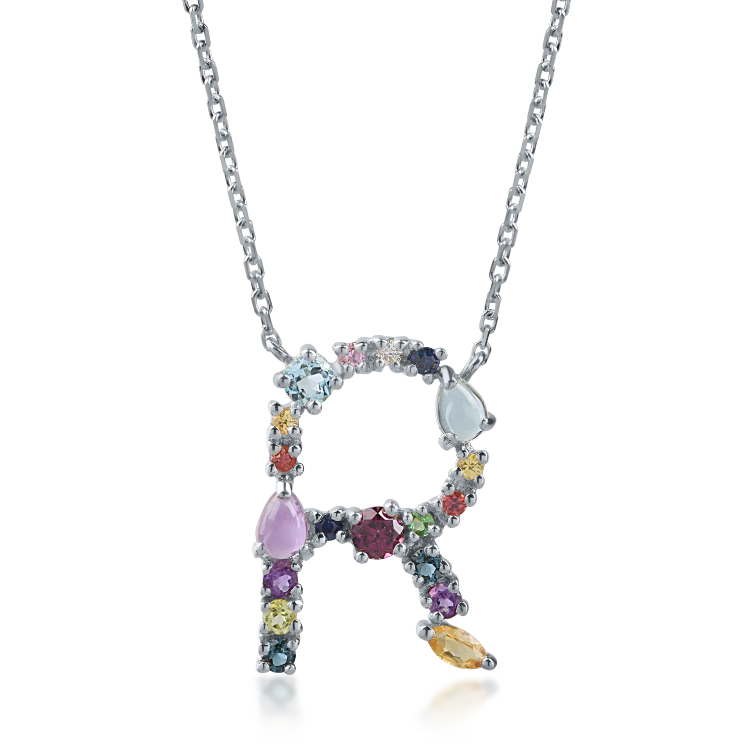 White gold pendant necklace with 1.12ct precious and semi-precious stones