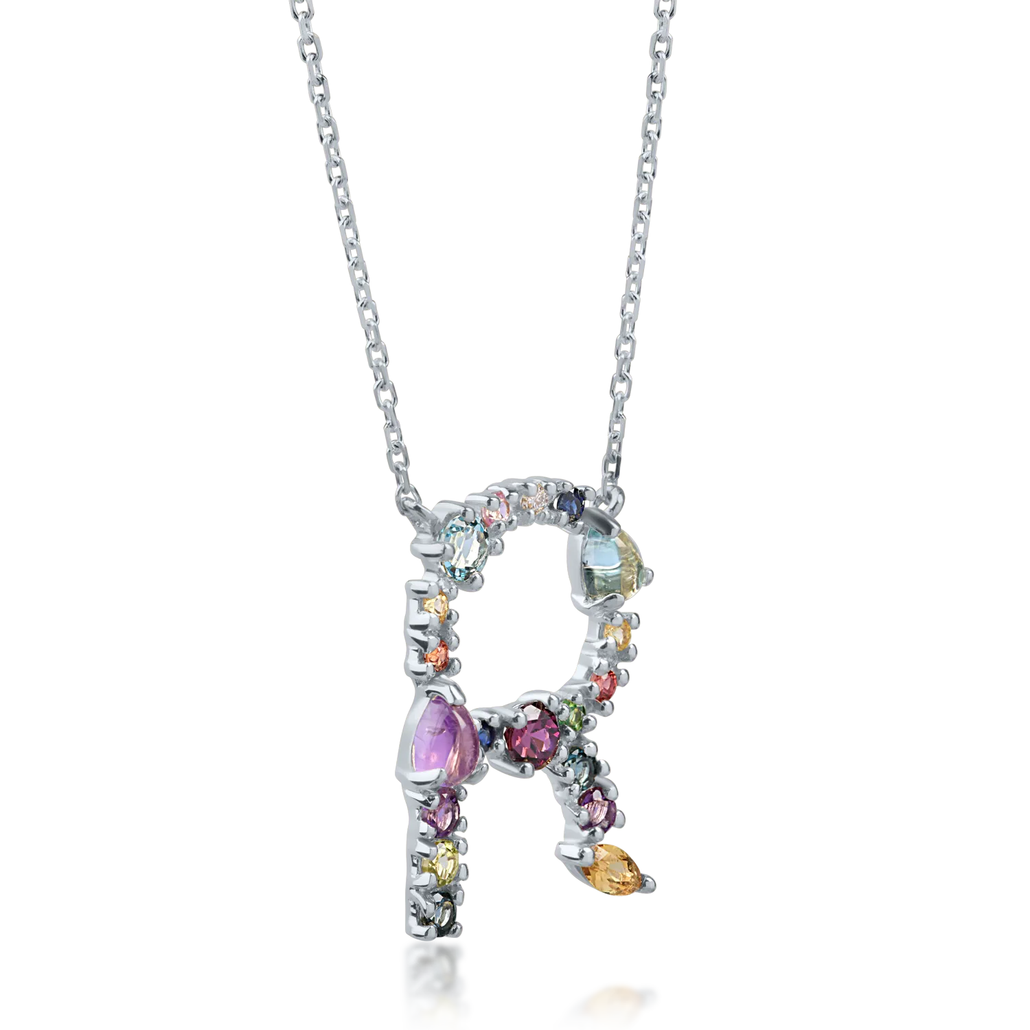 White gold pendant necklace with 1.12ct precious and semi-precious stones