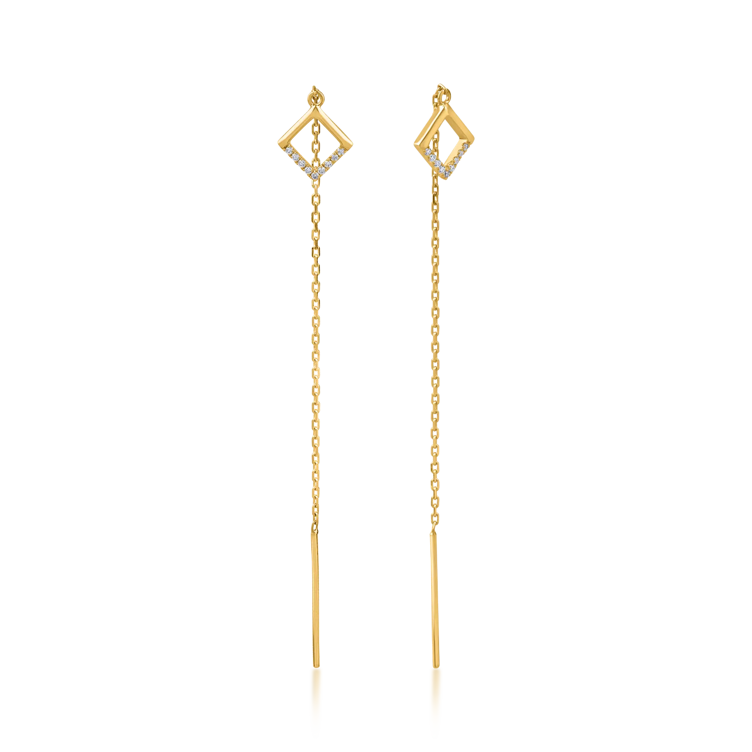 Yellow gold long earrings with geometric details and 0.05ct diamonds