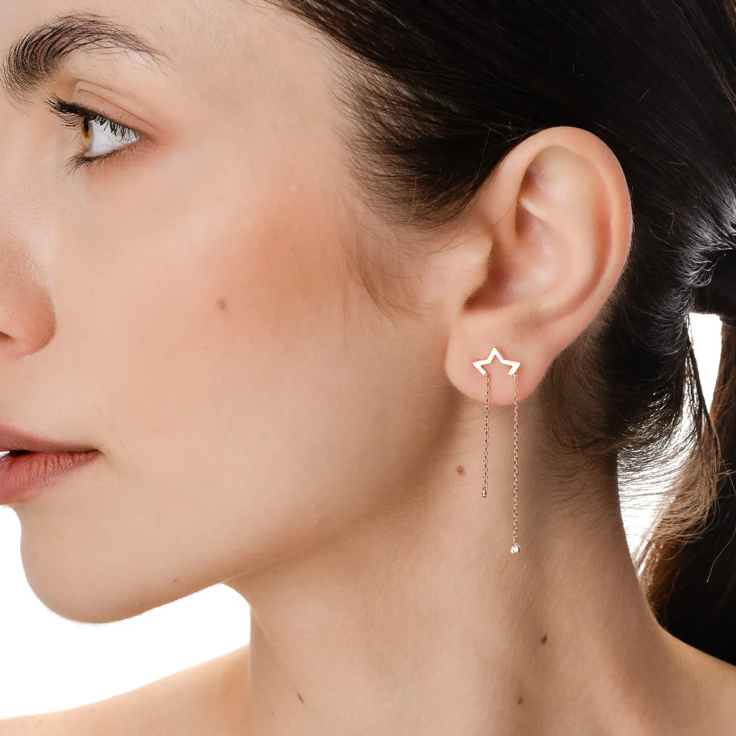 Дълги звездни обеци от розово злато с 0.07кт диаманти