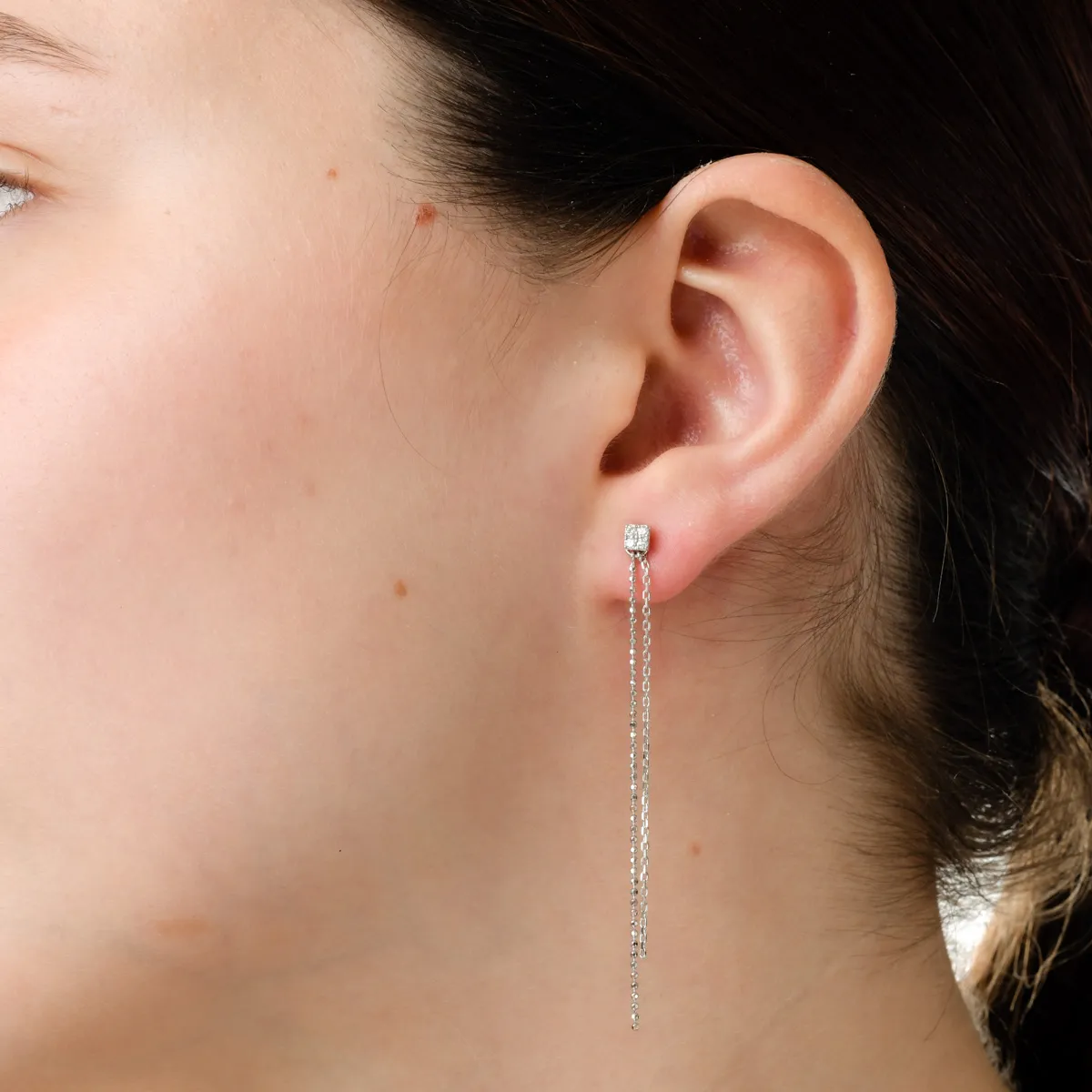 White gold minimalist long earrings with 0.1ct diamonds