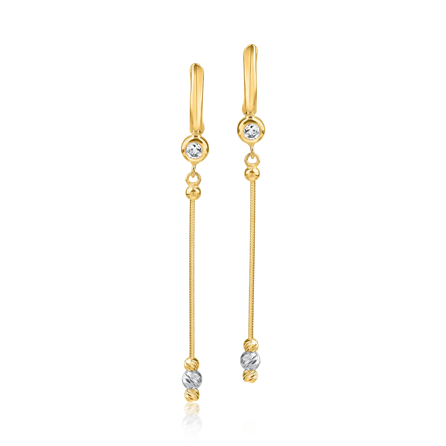 White-yellow gold long earrings with zirconia